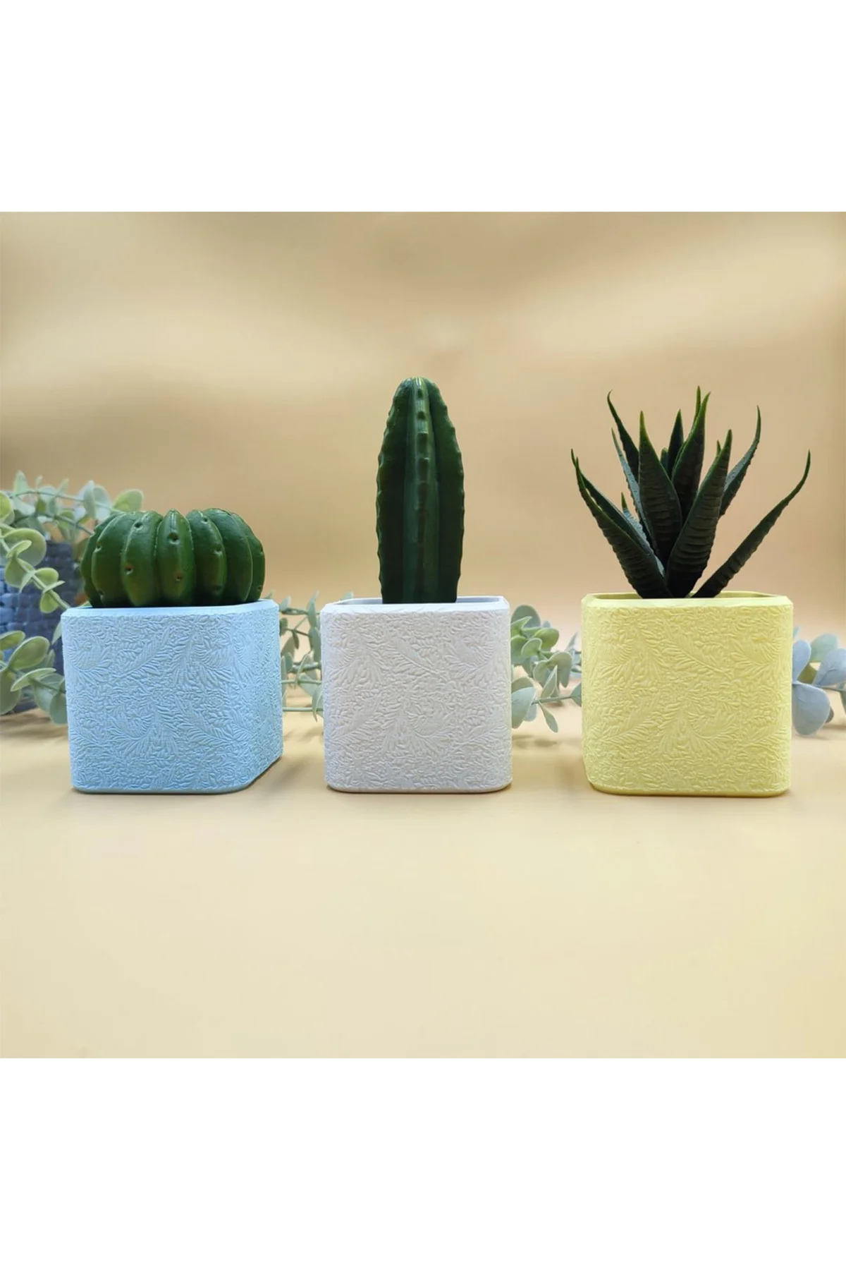 Floral Desenli Kübik 3lü Saksı Seti ( HER BİRİ 13 CM)