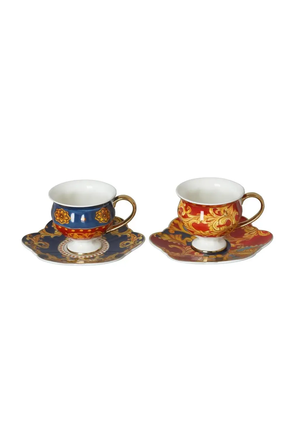Florance Bone China Porselen Mavi Kırmızı Desenli Ayaklı 4 Lü Çay