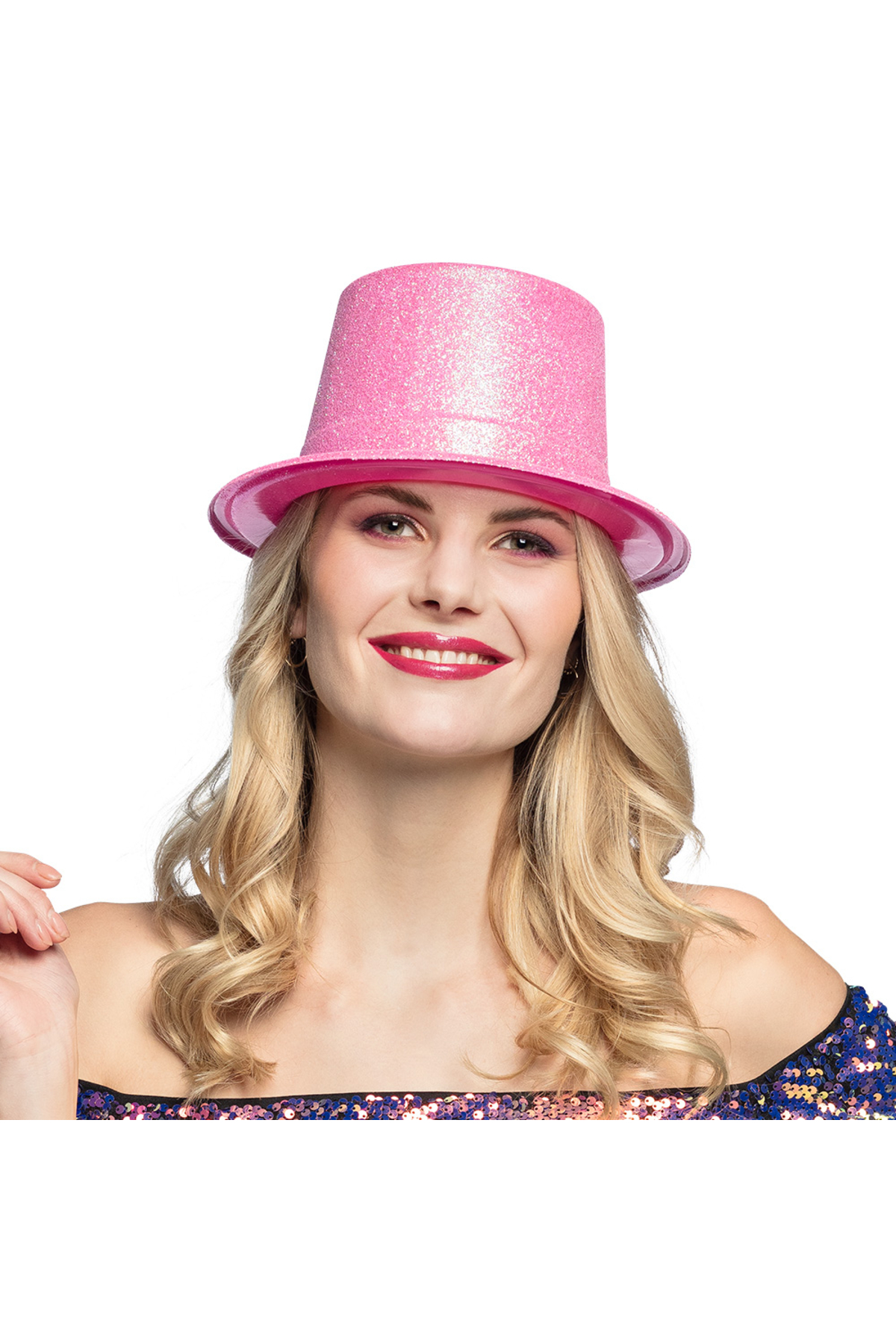 Mazsay  Floresan Pembe Renk Simli Uzun Fötr Melon Şapka 12 Cm