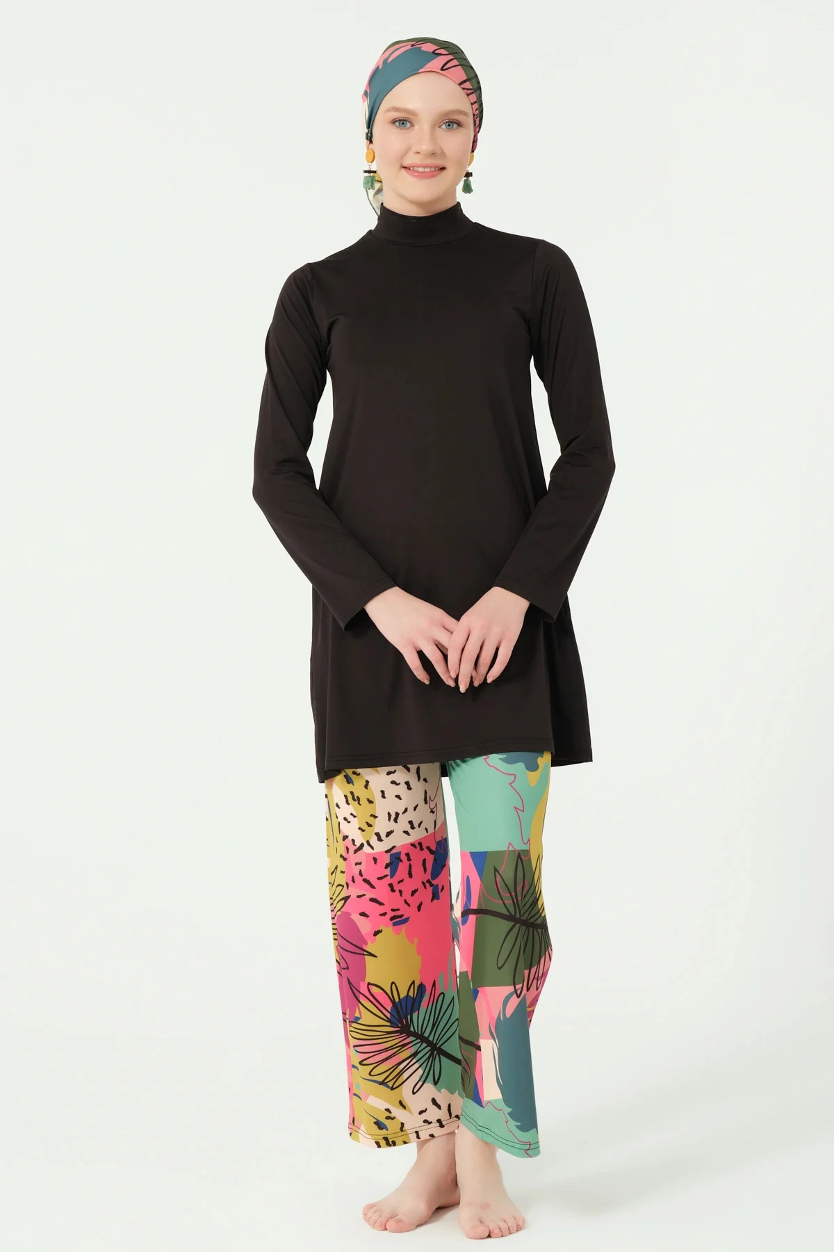 Florin Desenli Bol Paça Pantolonlu Tam Tesettür Mayo Siyah - 2563