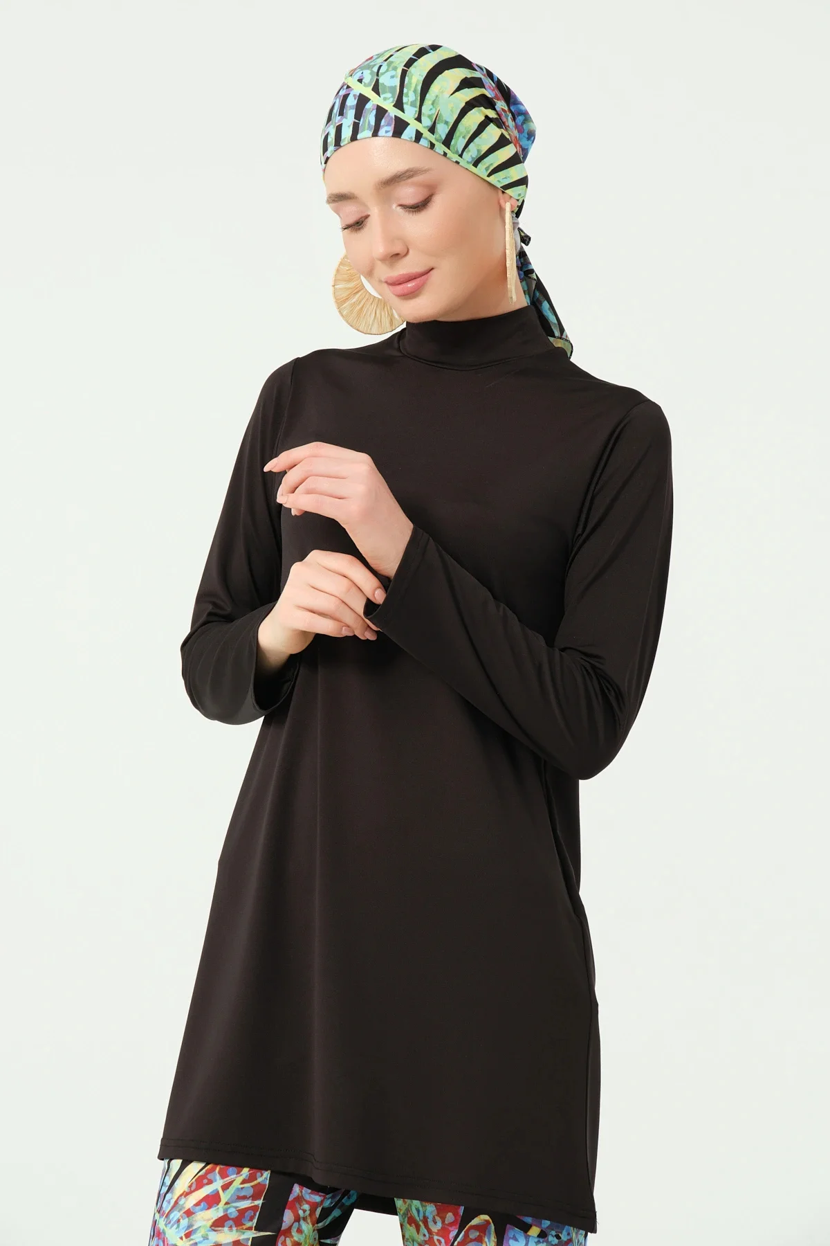 Florin Desenli Bol Paça Pantolonlu Tam Tesettür Mayo Siyah - 2563