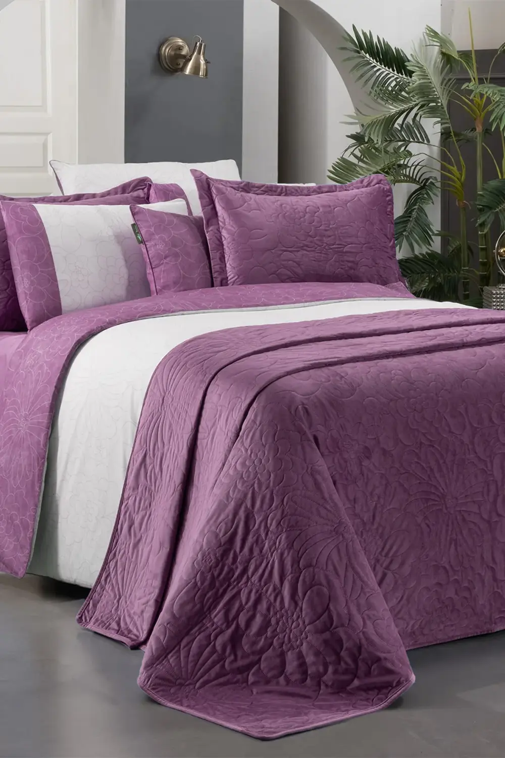 Sarev Floris Mor Çift Kişilik %100 Pamuk Nevresim Takımı Ve Yatak Örtüs