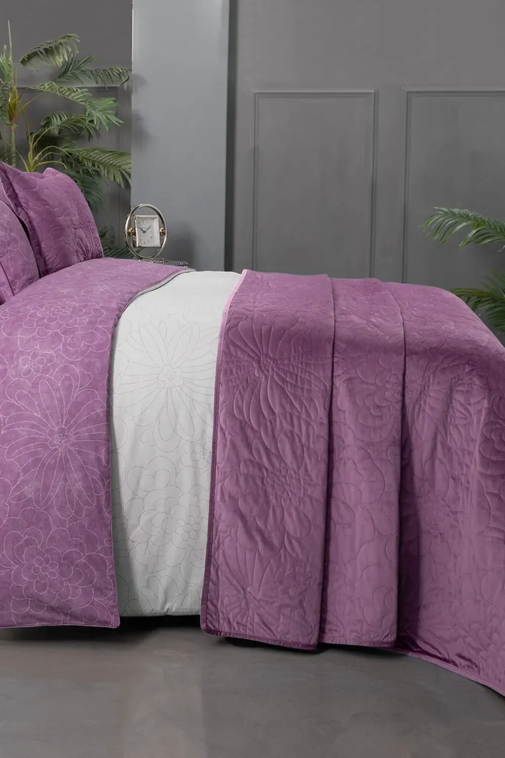 Sarev Floris Mor Çift Kişilik %100 Pamuk Nevresim Takımı Ve Yatak Örtüs