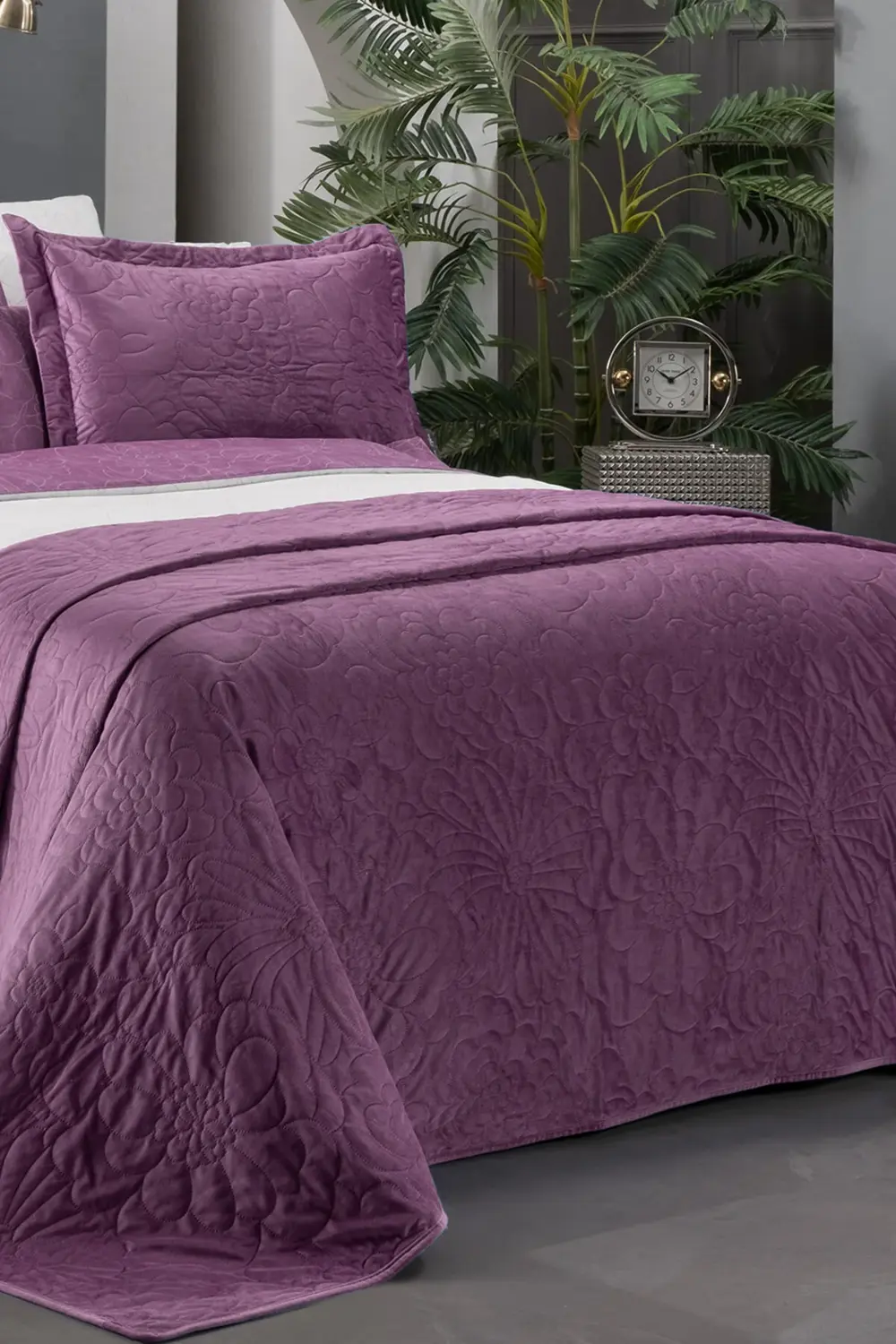 Sarev Floris Mor Çift Kişilik %100 Pamuk Nevresim Takımı Ve Yatak Örtüs
