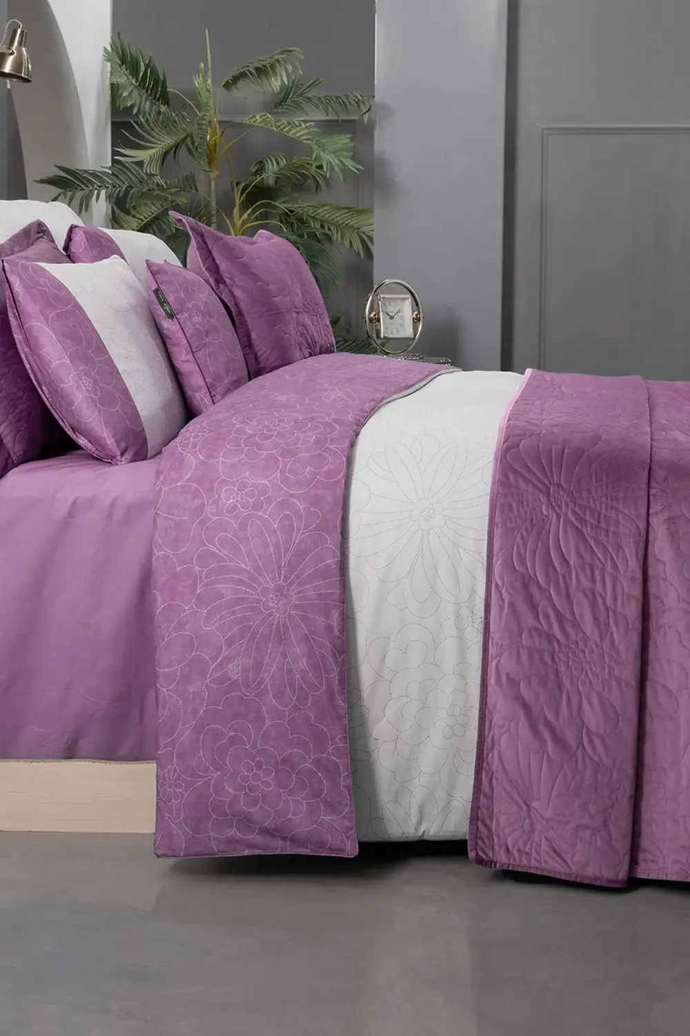 Sarev Floris Mor Çift Kişilik %100 Pamuk Nevresim Takımı Ve Yatak Örtüs