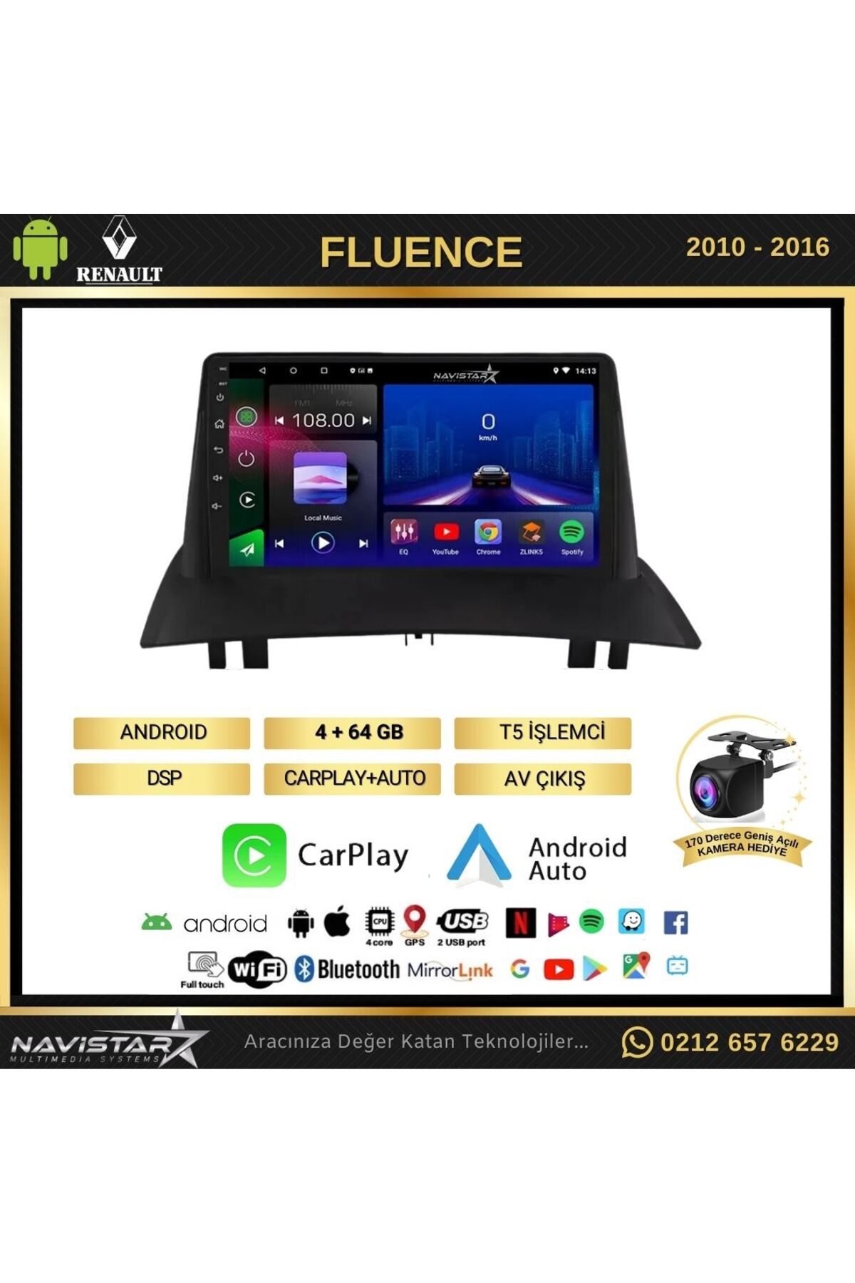 Fluence 4+64 GB Android 13 Kablosuz Carplay Navigasyon Multimedya