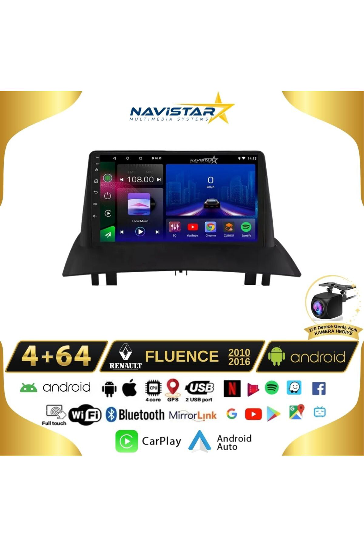 Fluence 4+64 GB Android 13 Kablosuz Carplay Navigasyon Multimedya