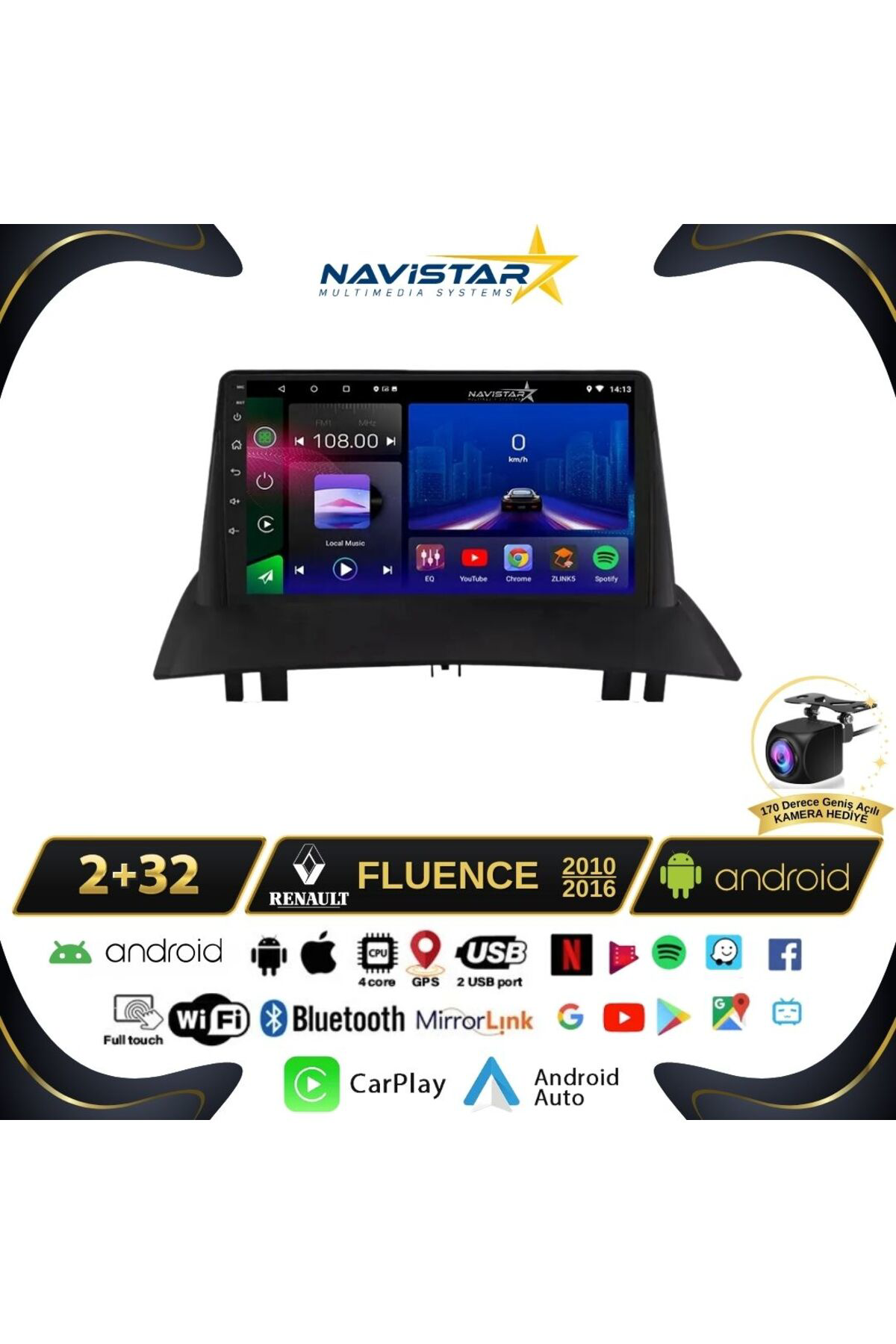 Fluence Kablosuz Carplay 2 64gb Android 13 Navigasyon Multimedya 