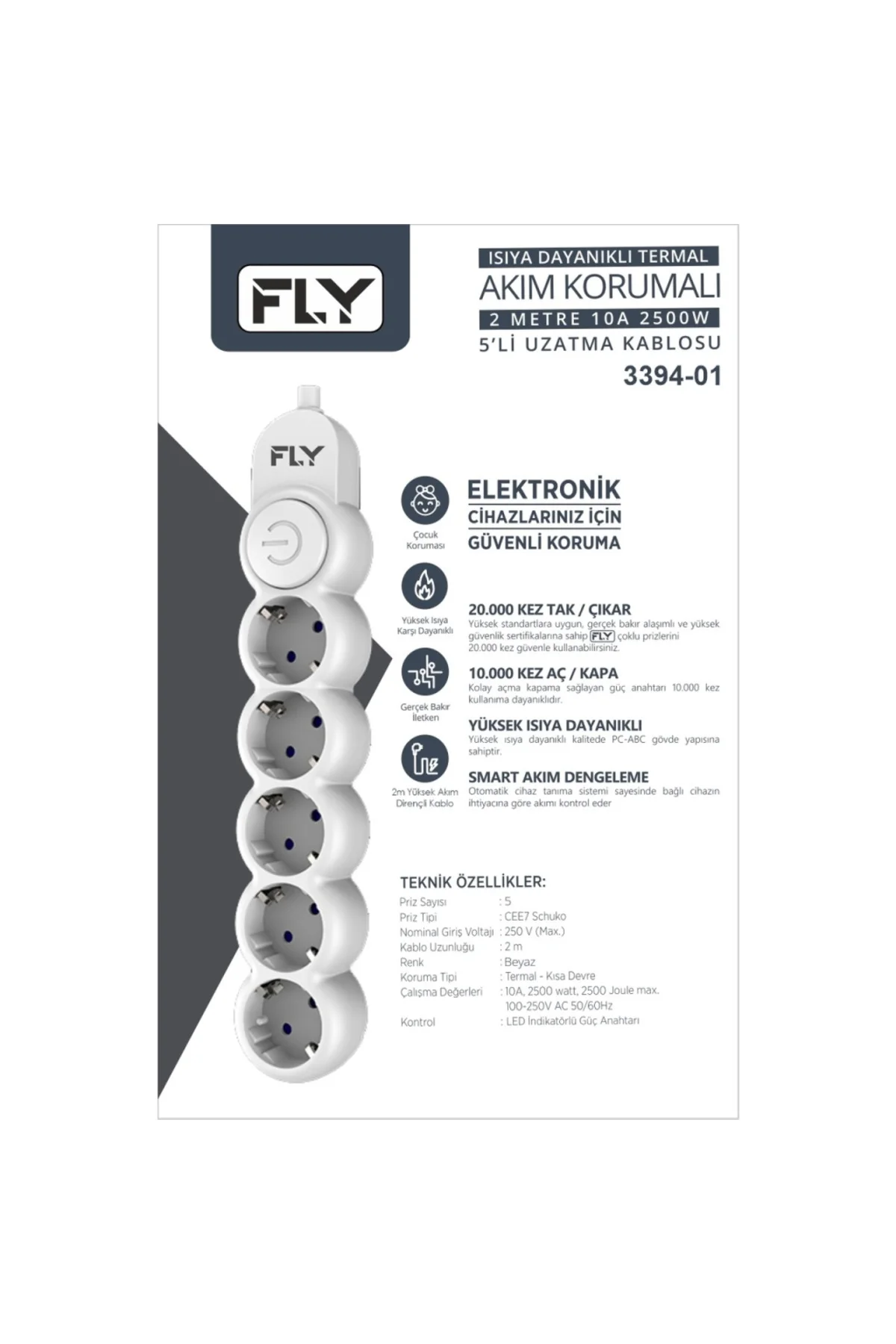 FLY 3394-01, 5 Soket, Akım Korumalı Priz, 2.1A, Anahtarlı, 2Mt Ka