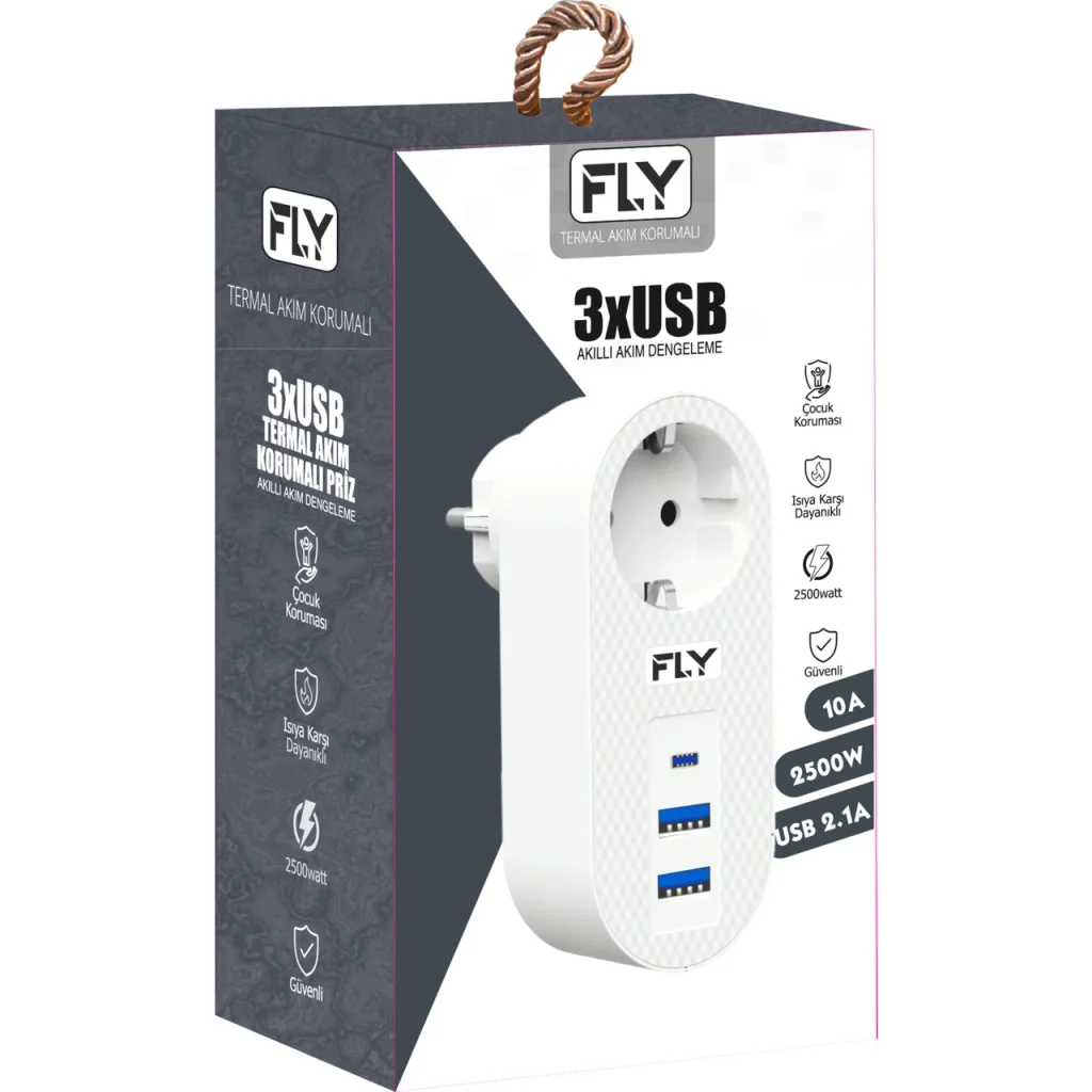 FLY 3400-01 1 Soket 2 USB 1 Type-C Akım Korumalı Priz 2.1A (Beyaz)