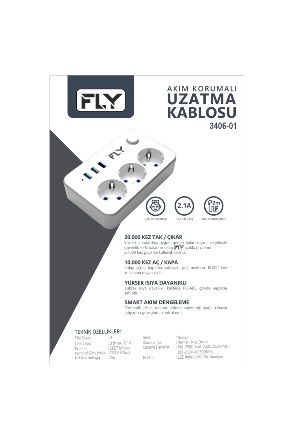 FLY 3406-01, 3 Soket, 3 USB, Akım Korumalı Priz, 2.1A, Anahtarlı,