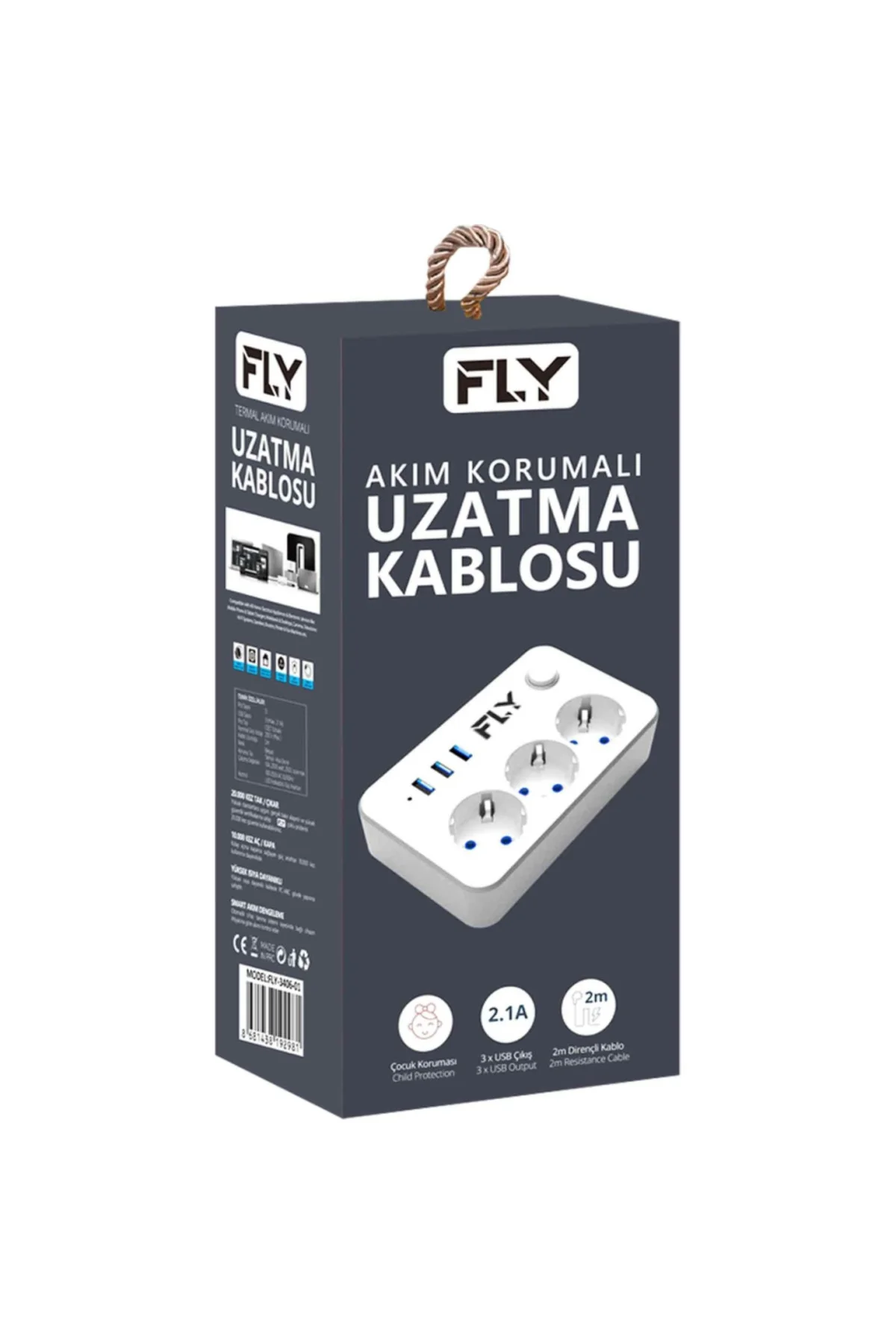 FLY 3406-01, 3 Soket, 3 USB, Akım Korumalı Priz, 2.1A, Anahtarlı,