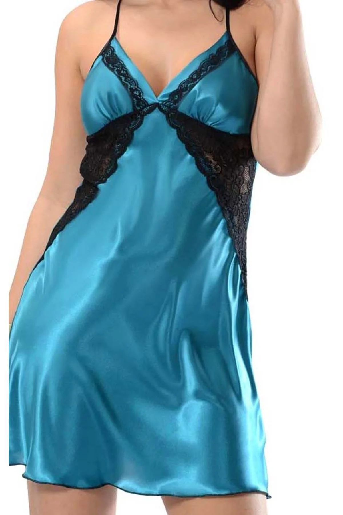 FLZDGNKR Petrol Yeşili Dantelli Saten Gecelik - M-393 - (12226) Beden S/M
