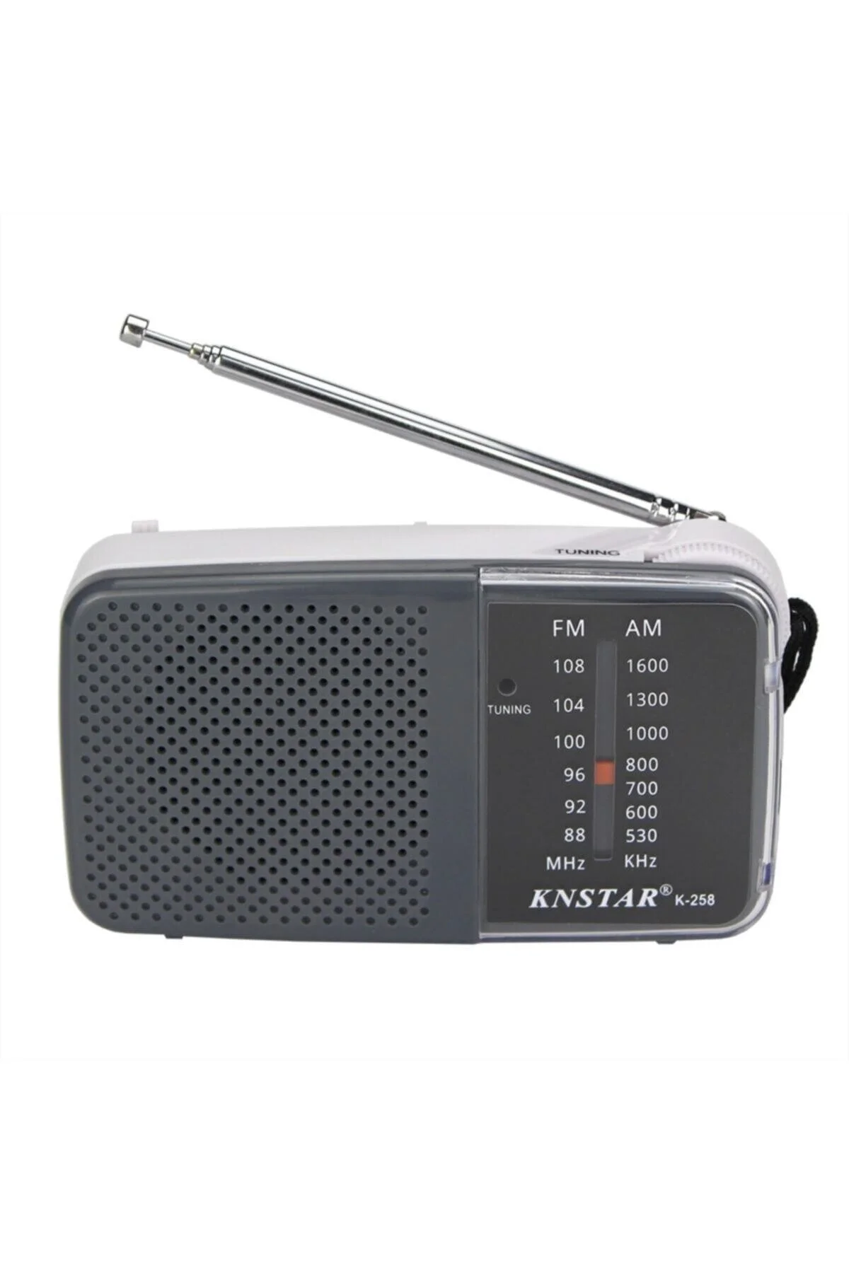 FM-AM pilli cep radyosu gri renk, kulaklık girişli, bluetooth yok, 2 yıl garantili