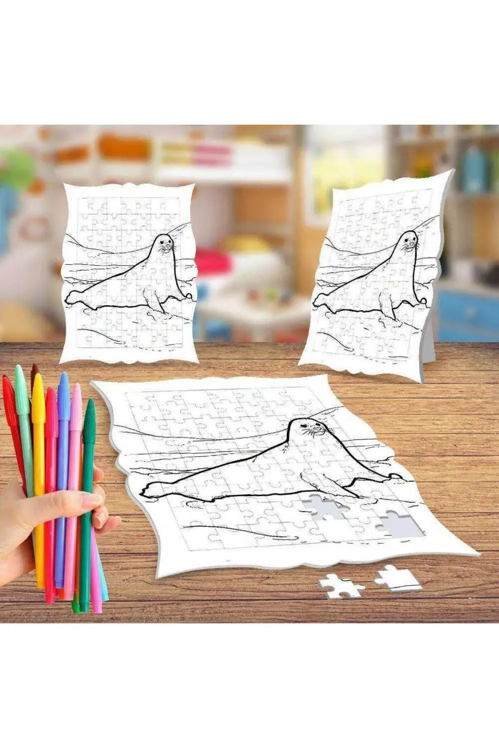 Fok Balığı Boyama Puzzle Tablo Çocuk Eğitici Yapboz