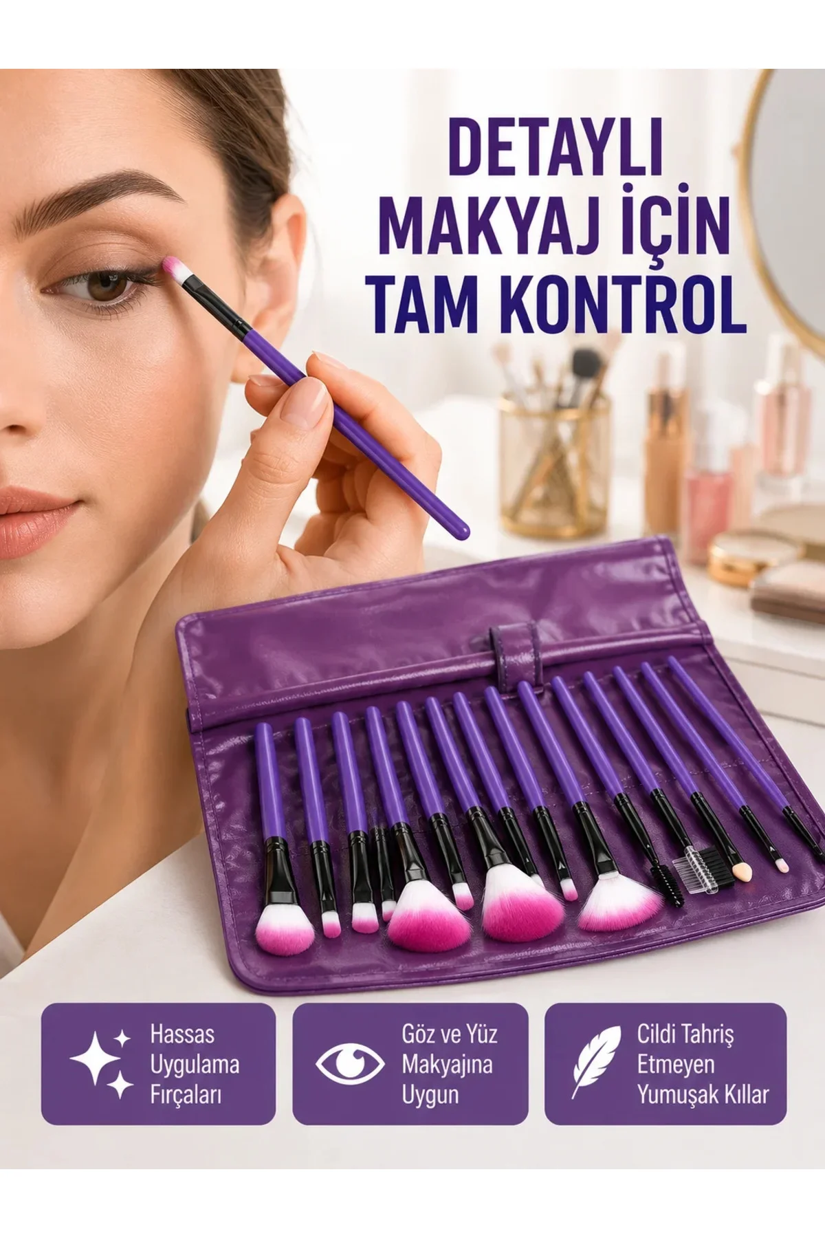 Fondöten, Allık ve Far Uygulamalarına Uygun 12 Parça Makyaj Fırça Takımı Ergonok Saplı Fondöten, Allık ve Far Uygulamalarına Uygun 12 Parça Makyaj Fırça Takımı Ergonok Saplı