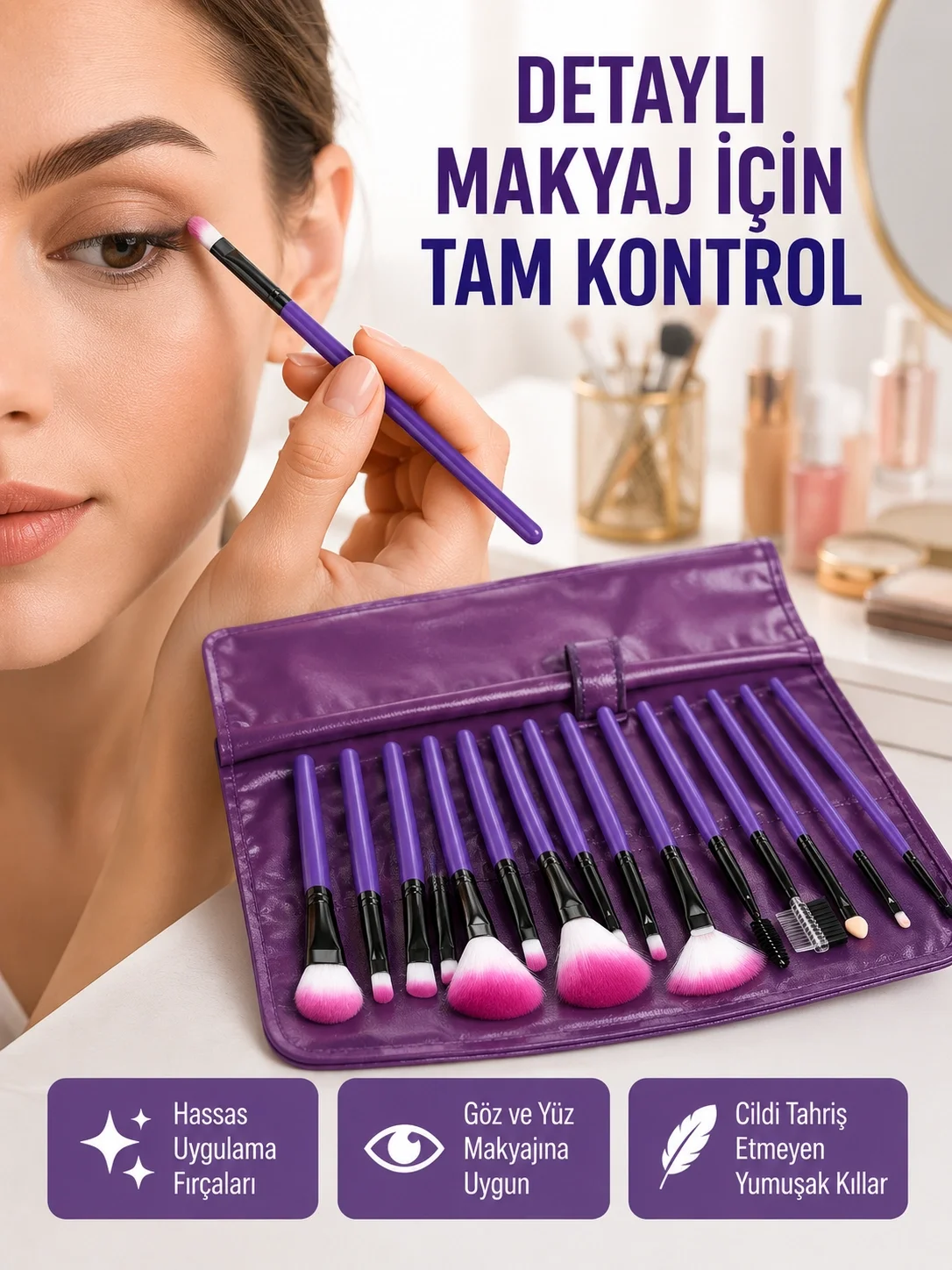 Fondöten, Allık ve Far Uygulamalarına Uygun 12 Parça Makyaj Fırça Takımı Ergonomik Saplı