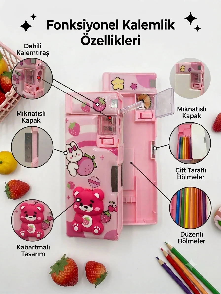 Fonksiyonlu Kalem Kutusu Ayıcık Çilek Kabartmalı Kalemtraşlı Kalemlik - Çilek Fonksiyonlu Kalem Kutusu Ayıcık Çilek Kabartmalı Kalemtraşlı Kalemlik - Çilek