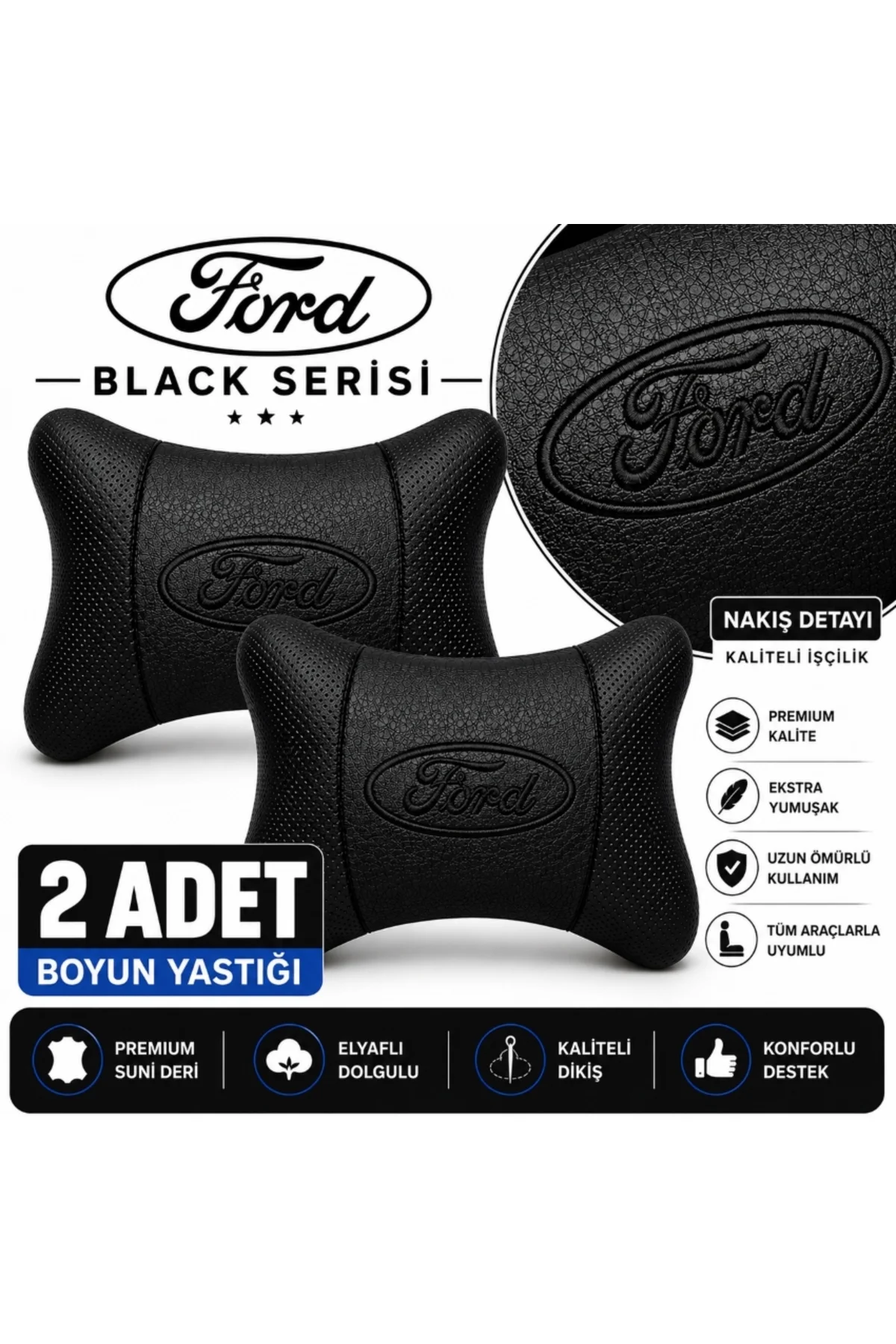Ford Black Serisi 2 Adet Araç Boyun Yastığı Siyah Premium Suni Deri Elyaf Dolgulu Oto Boyun Desteği Ford Black Serisi 2 Adet Araç Boyun Yastığı Siyah Premium Suni Deri Elyaf Dolgulu Oto Boyun Desteği