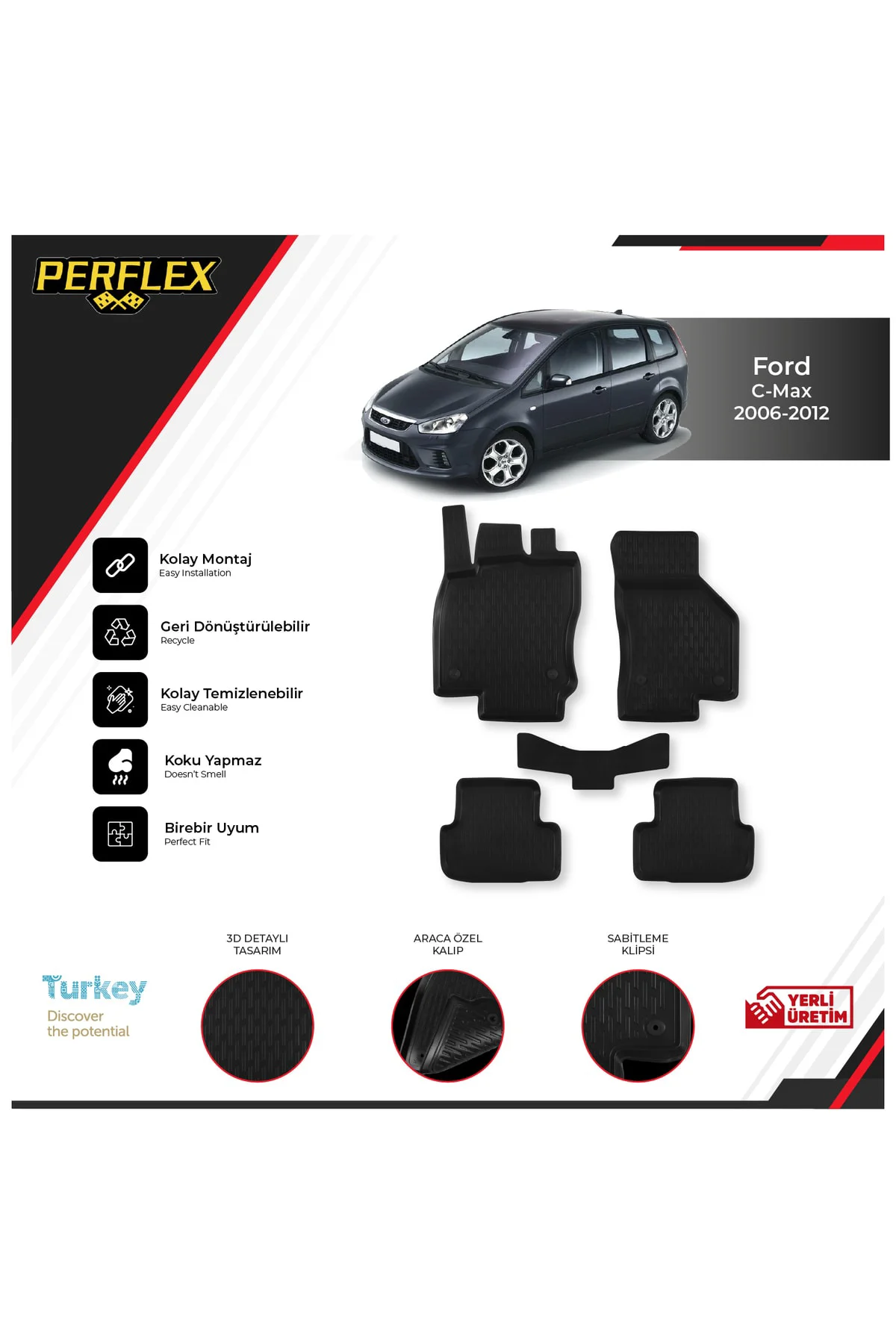 Ford C-max 2006-2012 Araca Özel 3d Havuzlu Paspas