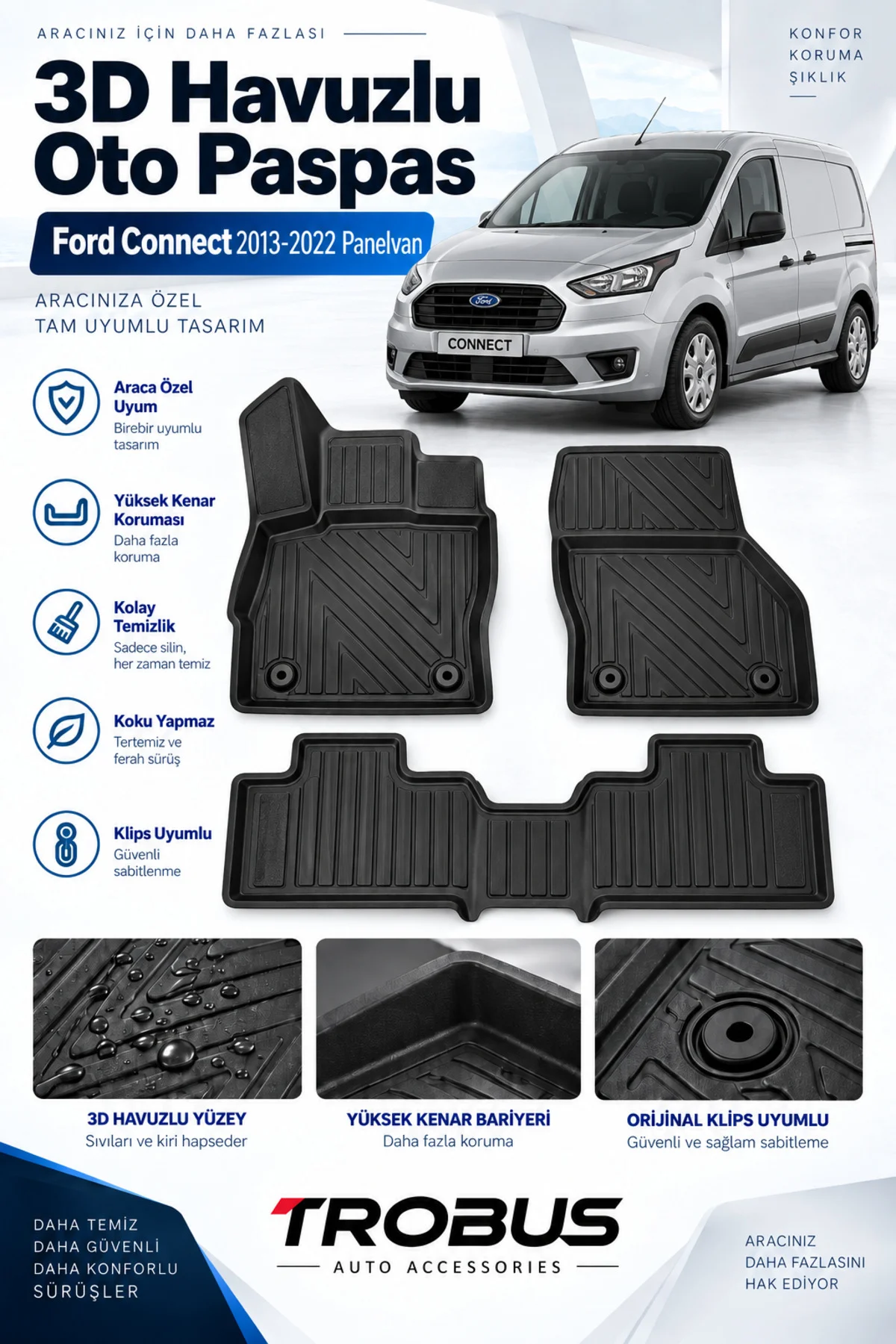 Ford Connect Panelvan 2013-2022 Karbon Desenli Premium 3D Havuzlu Oto Paspas 2 Parça Ön Takım