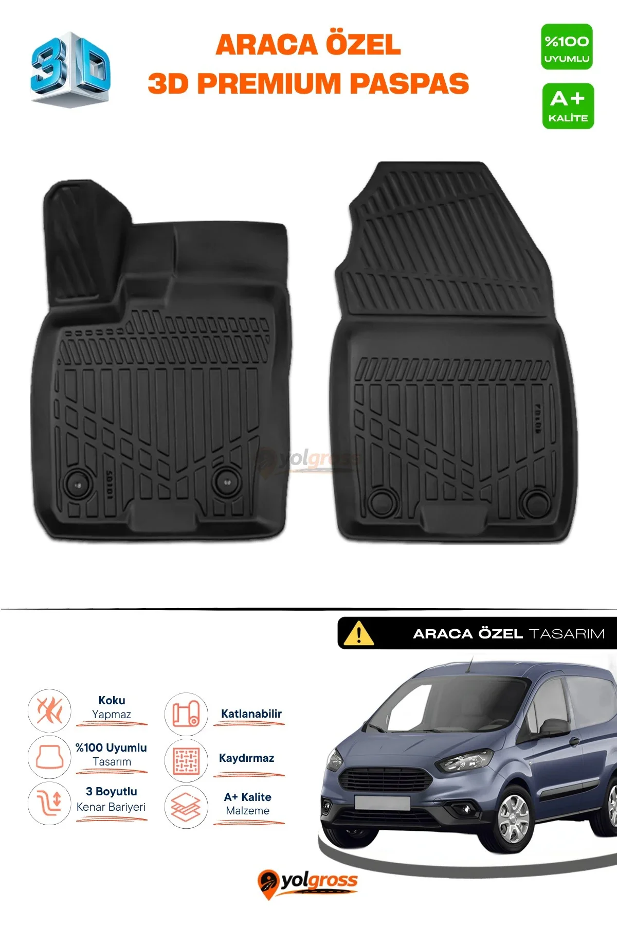 Ford Courier Panelvan Ön 2'li 3D Pro Havuzlu Paspas 2014-2024 A+ Kalite Ford Courier Panelvan Ön 2'li 3D Pro Havuzlu Paspas 2014-2024 A+ Kalite