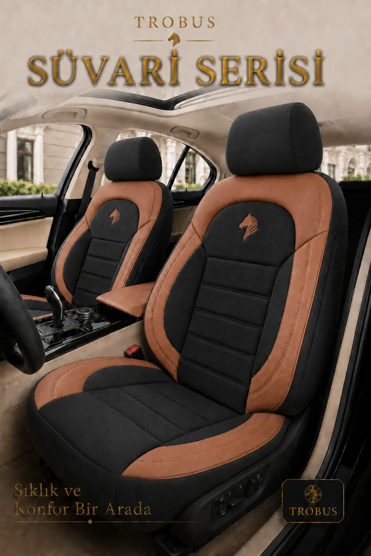 Ford Fiesta 2008 Sonrası Uyumlu Süvari Serisi Siyah Taba Premium Tay Tüyü Koltuk Kılıfı