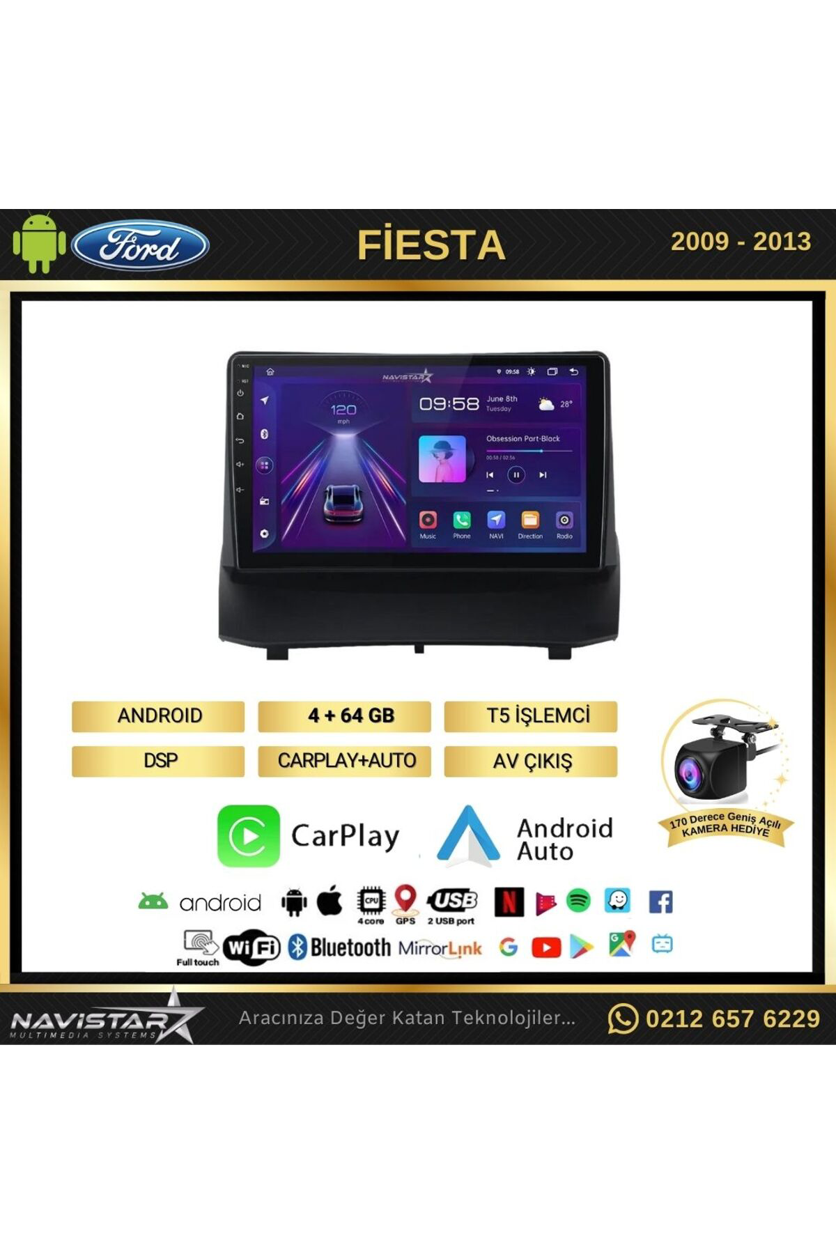 Navistar Ford Fiesta 2009-2013 Model 4Gb + 64Gb  Uyumlu  Android 13 Kablos