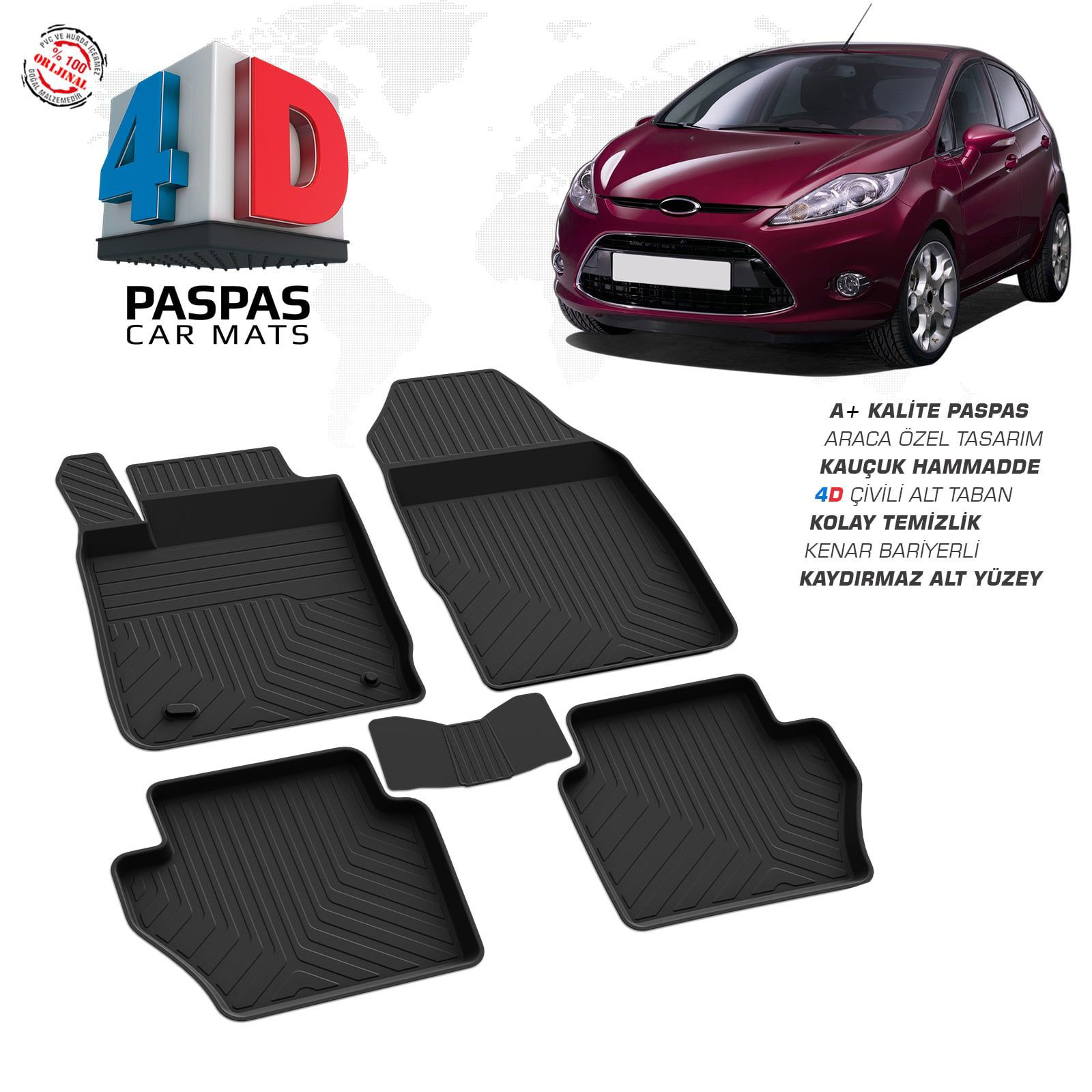 Ford Fiesta 4D Araca Özel Havuzlu Kauçuk Paspas 2009-2015