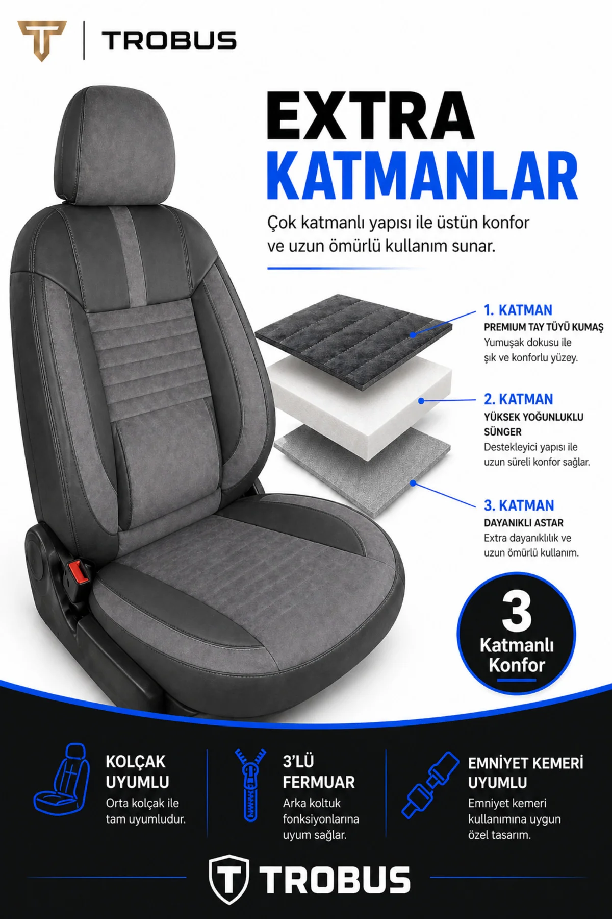 Ford Focus 1998-2004 Uyumlu Apex Serisi Tay Tüyü Bel Destekli Füme Premium Koltuk Kılıfı