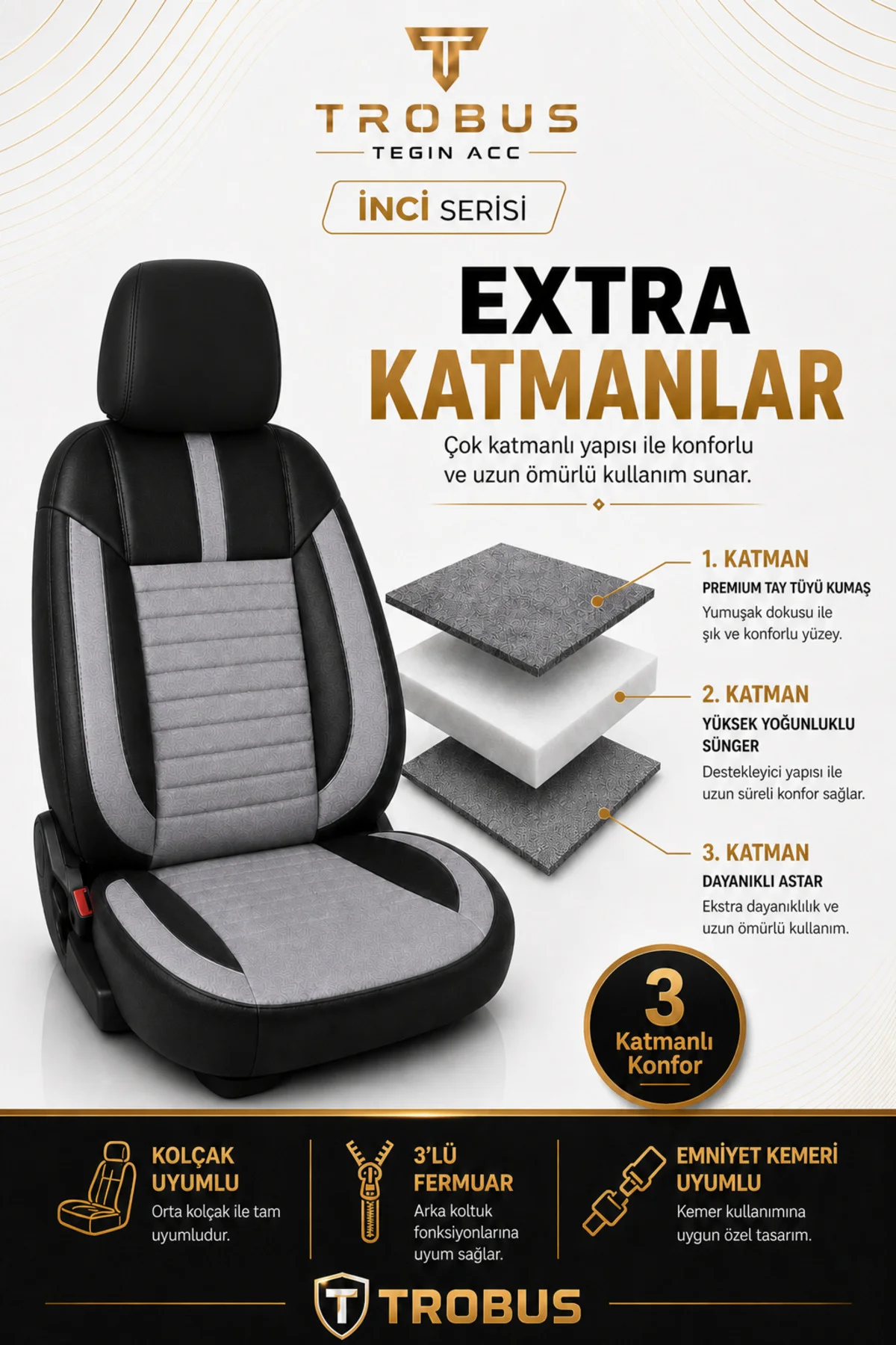 Ford Focus 1998-2004 Uyumlu İnci Serisi Tay Tüyü Gri Siyah Premium Koltuk Kılıfı