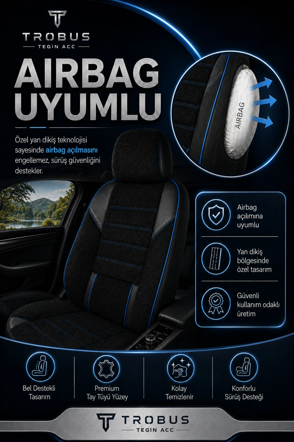 Ford Focus 1998-2004 Uyumlu Nova Serisi Tay Tüyü Bel Destekli Siyah Mavi Premium Koltuk Kılıfı Fiyatı, Yorumları ve Özellikleri
