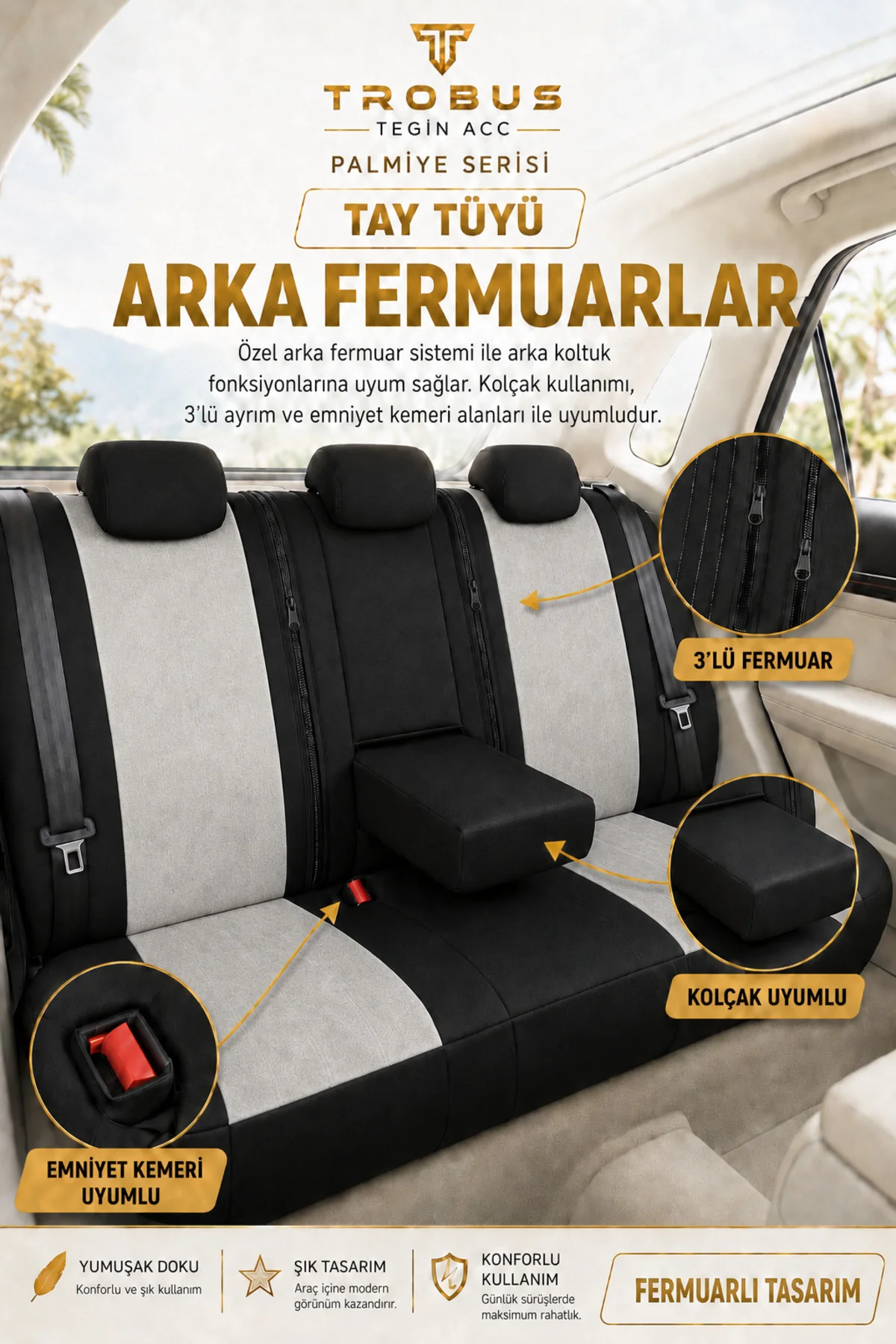 Ford Focus 1998-2004 Uyumlu Palmiye Serisi Gri Siyah Bel Destekli Tay Tüyü Koltuk Kılıfı