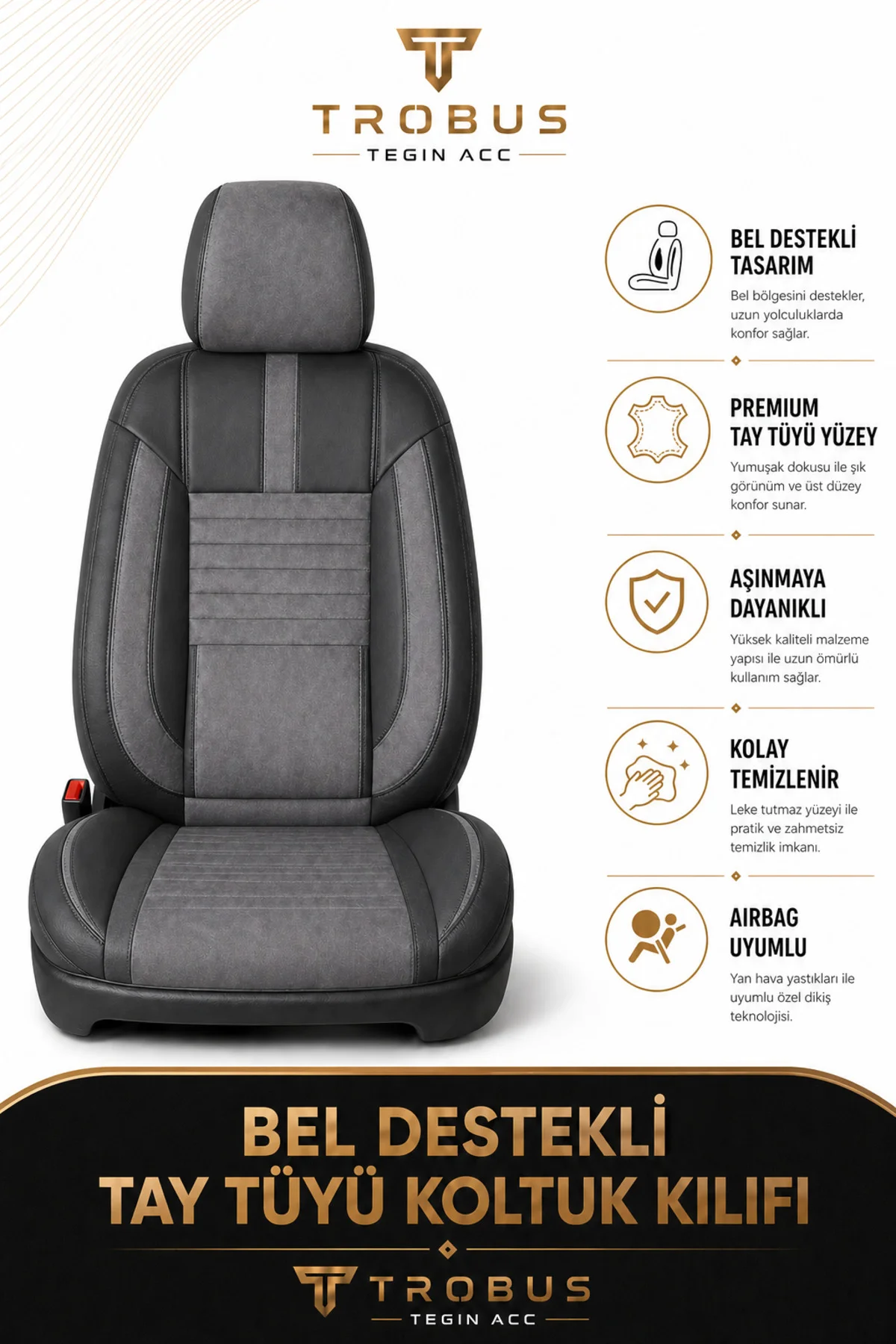 Ford Focus 1998-2004 Uyumlu Apex Serisi Tay Tüyü Bel Destekli Füme Premium Koltuk Kılıfı