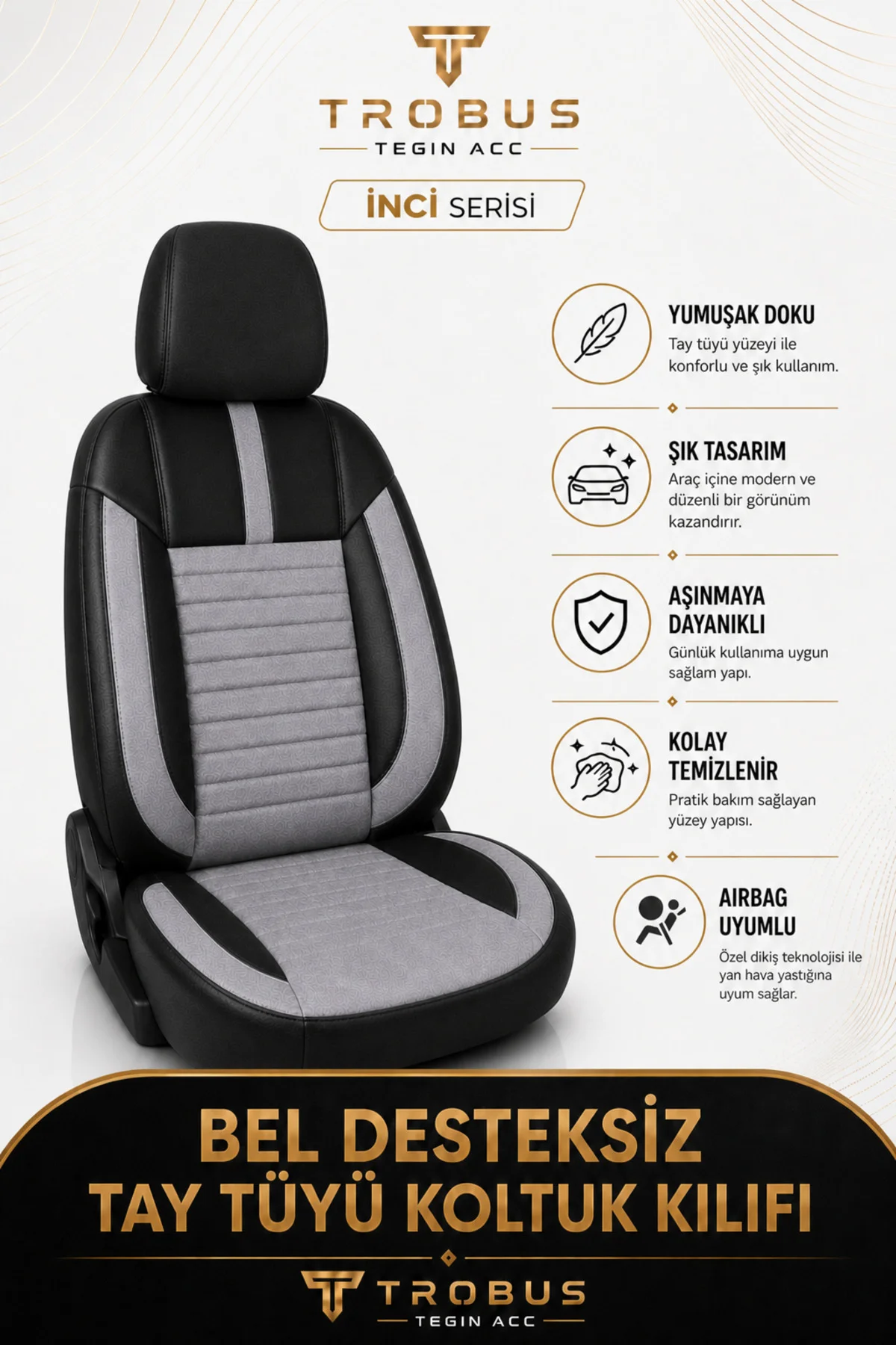Ford Focus 1998-2004 Uyumlu İnci Serisi Tay Tüyü Gri Siyah Premium Koltuk Kılıfı