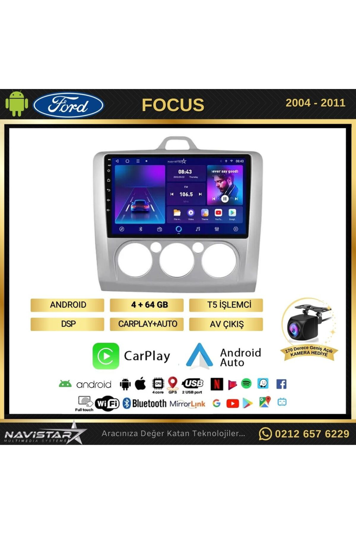 Ford Focus 2 Manuel Klima 4Gb + 64Gb Kablosuz Carplay Android 13 