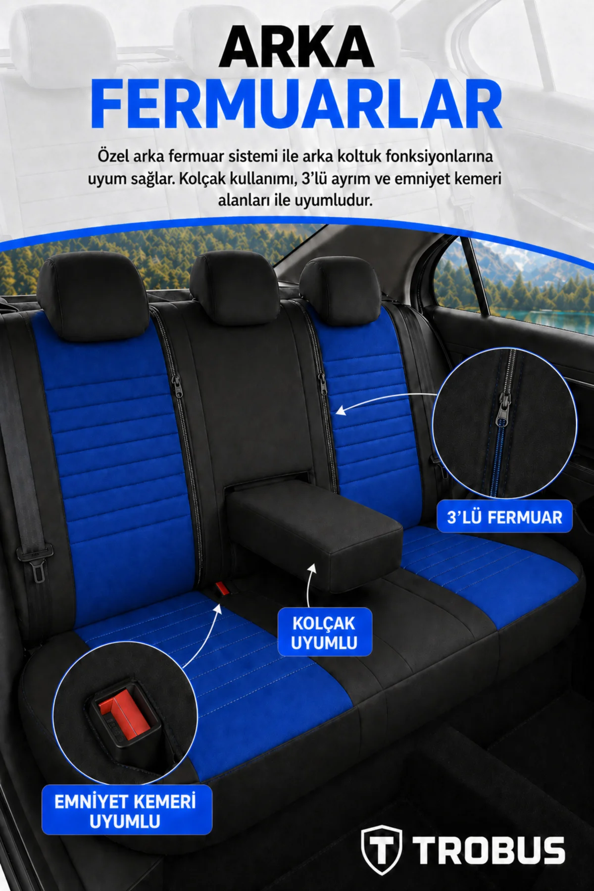 Ford Focus 2004-2011 Uyumlu Apex Serisi Tay Tüyü Bel Destekli Mavi Siyah Premium Koltuk Kılıfı