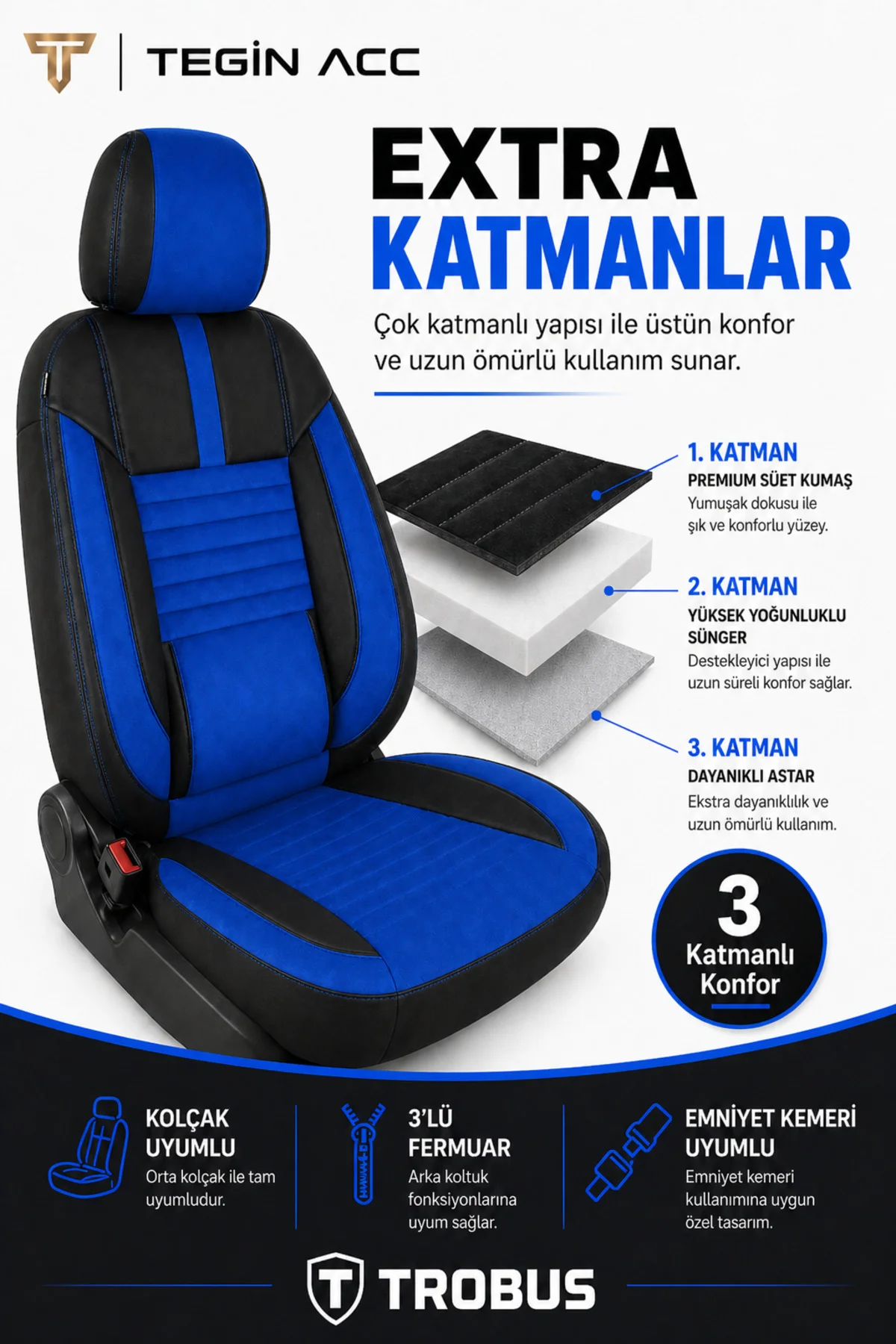 Ford Focus 2004-2011 Uyumlu Apex Serisi Tay Tüyü Bel Destekli Mavi Siyah Premium Koltuk Kılıfı