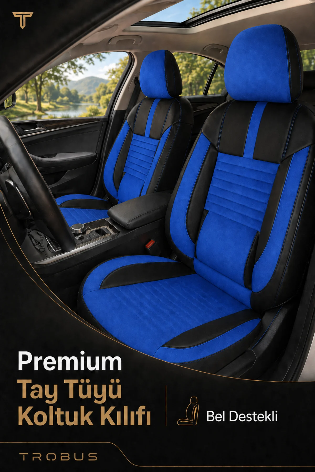 Ford Focus 2004-2011 Uyumlu Apex Serisi Tay Tüyü Bel Destekli Mavi Siyah Premium Koltuk Kılıfı
