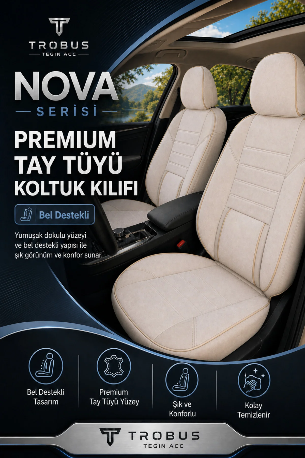 Ford Focus 2004-2011 Uyumlu Nova Serisi Tay Tüyü Bel Destekli Bej Premium Koltuk Kılıfı Fiyatı, Yorumları ve Özellikleri