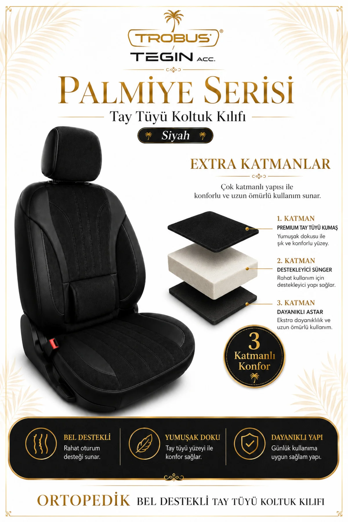 Ford Focus 2004-2011 Uyumlu Palmiye Serisi Siyah Bel Destekli Tay Tüyü Koltuk Kılıfı