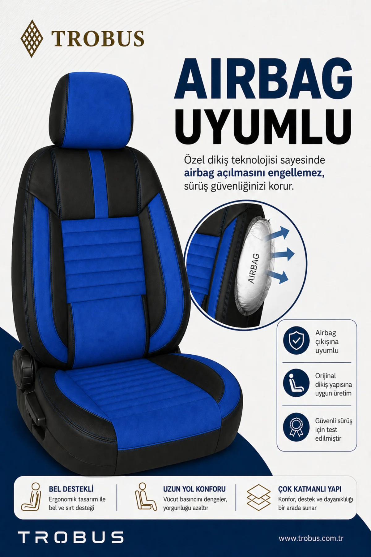 Ford Focus 2004-2011 Uyumlu Apex Serisi Tay Tüyü Bel Destekli Mavi Siyah Premium Koltuk Kılıfı