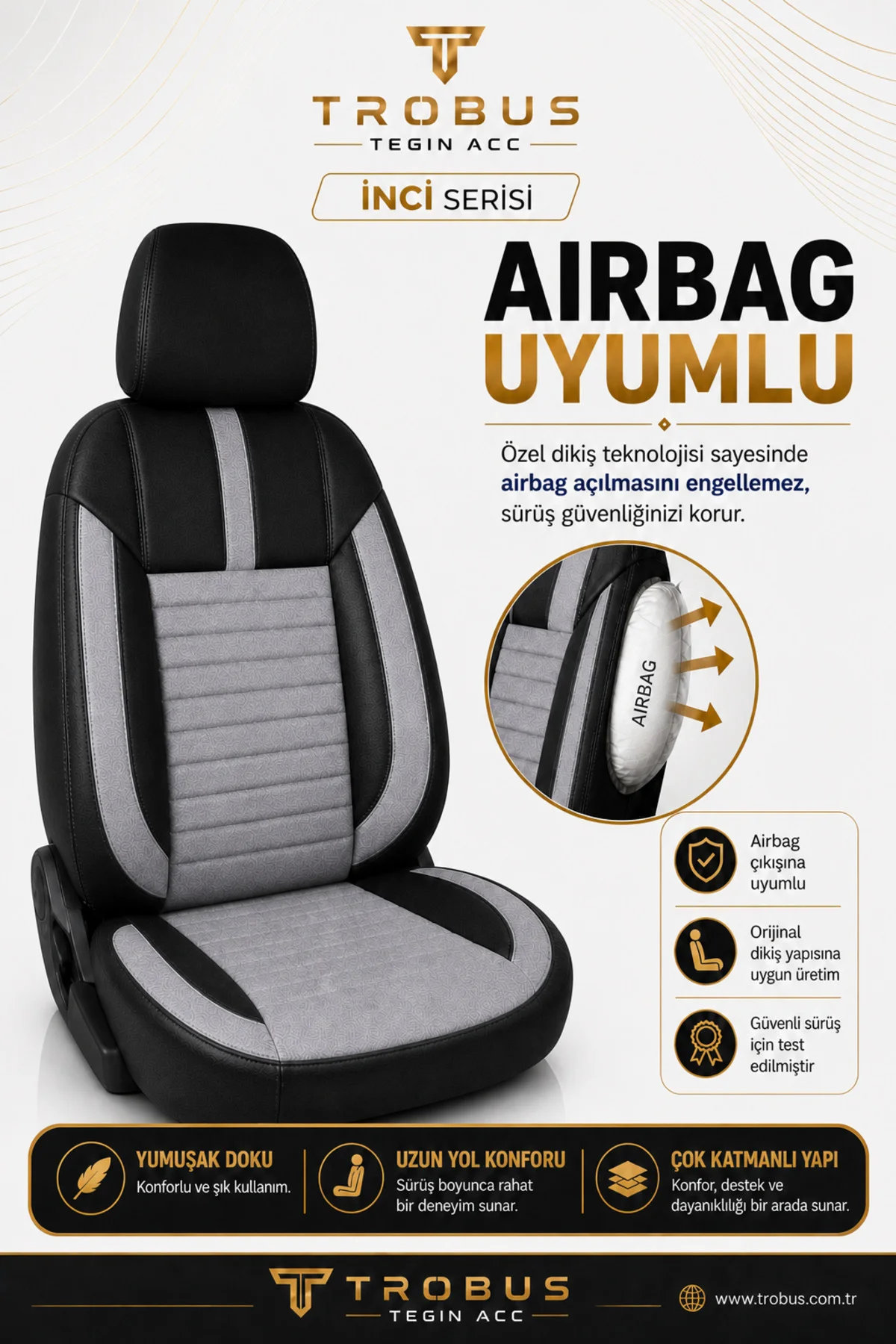 Ford Focus 2004-2011 Uyumlu İnci Serisi Tay Tüyü Gri Siyah Premium Koltuk Kılıfı