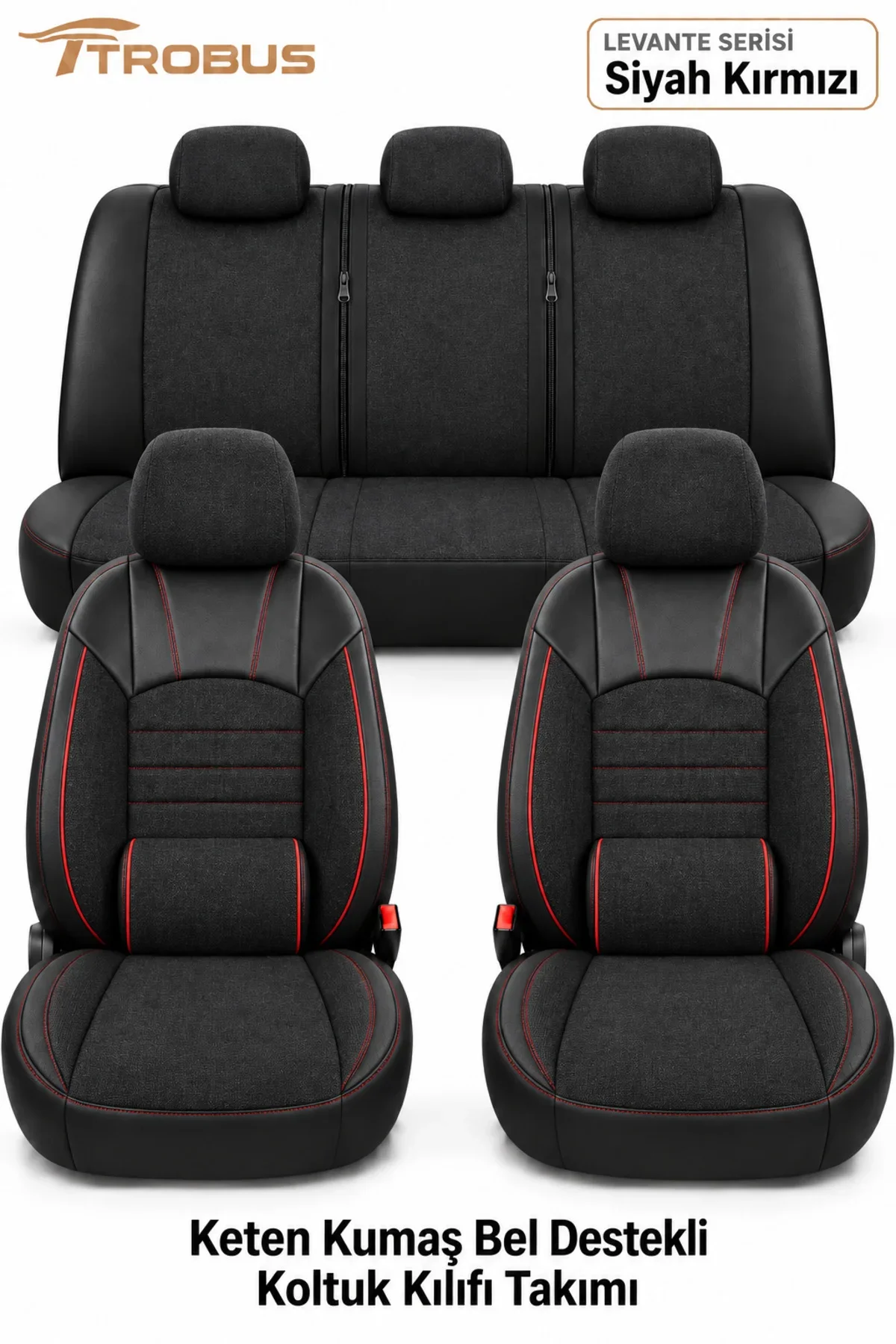 Ford Focus 2005-2011 Uyumlu Levante Serisi 2+1 Ticari Bel Destekli Keten Koltuk Kılıfı Siyah Kırmızı - Görsel 2