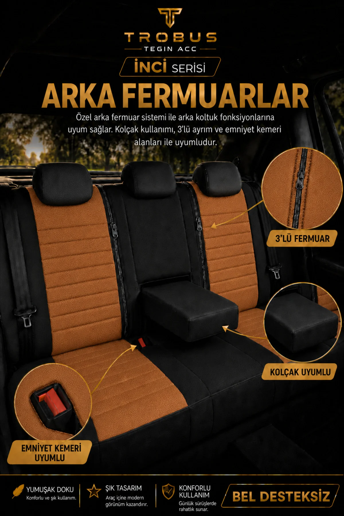 Ford Focus 2011-2018 Uyumlu İnci Serisi Tay Tüyü Taba Siyah Premium Koltuk Kılıfı