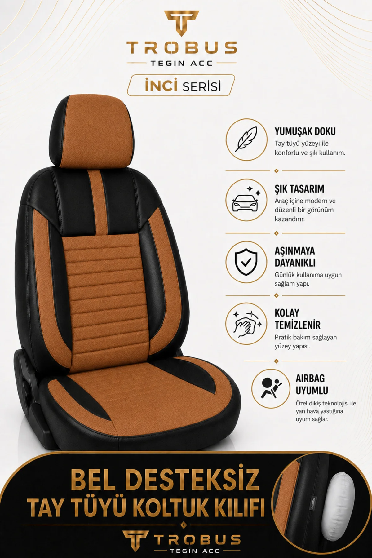 Ford Focus 2011-2018 Uyumlu İnci Serisi Tay Tüyü Taba Siyah Premium Koltuk Kılıfı