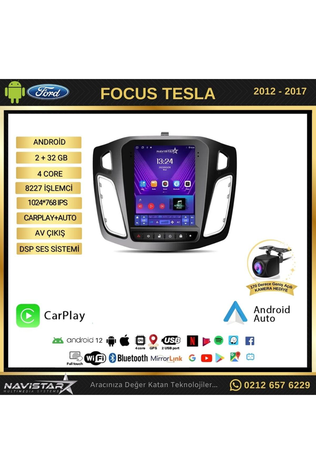 Ford Focus 2012-2018 Tesla Model 2gb 32gb Kablosuz Carplay Naviga