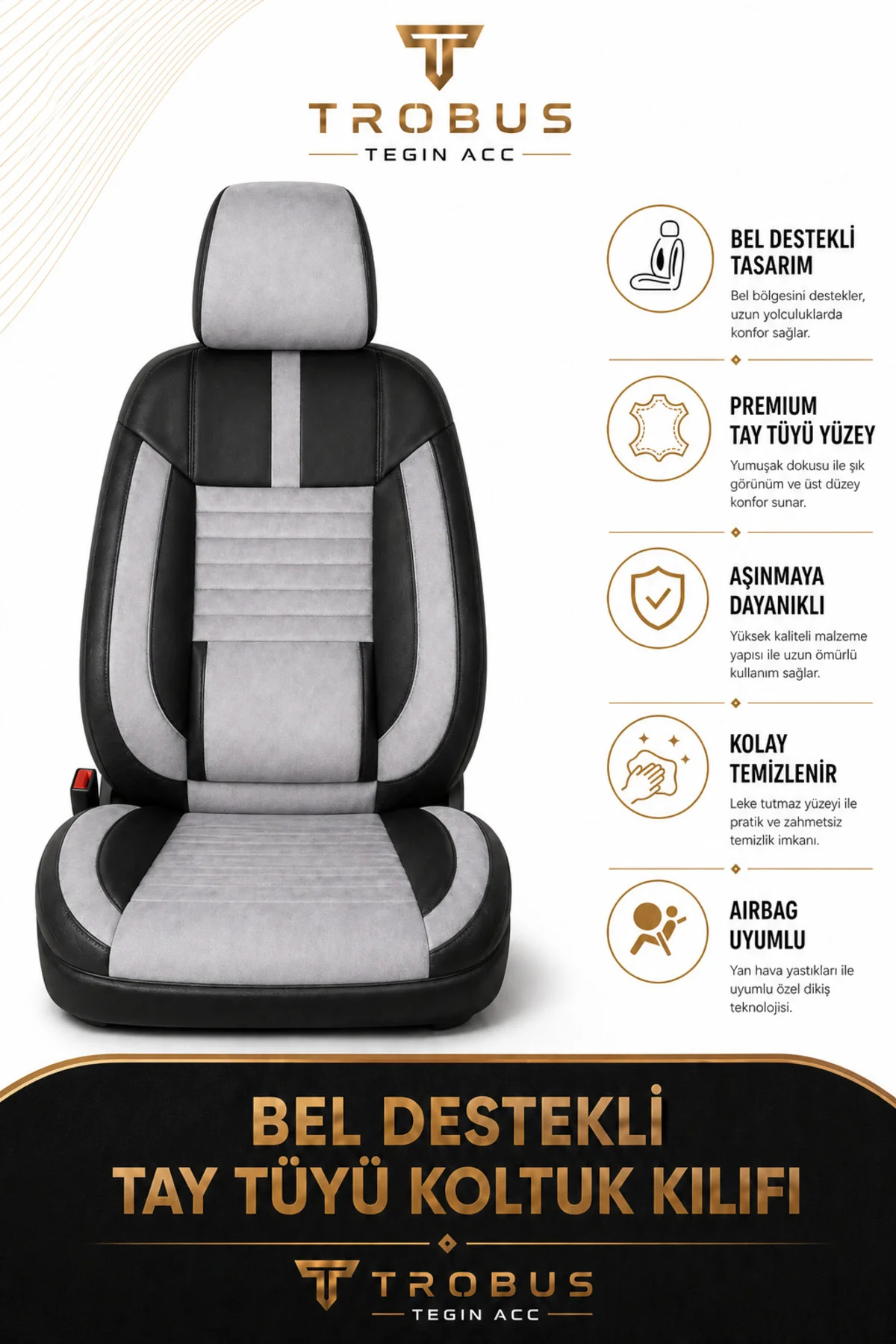 Ford Focus 2018+ Uyumlu Apex Serisi Tay Tüyü Bel Destekli Gri Siyah Premium Koltuk Kılıfı