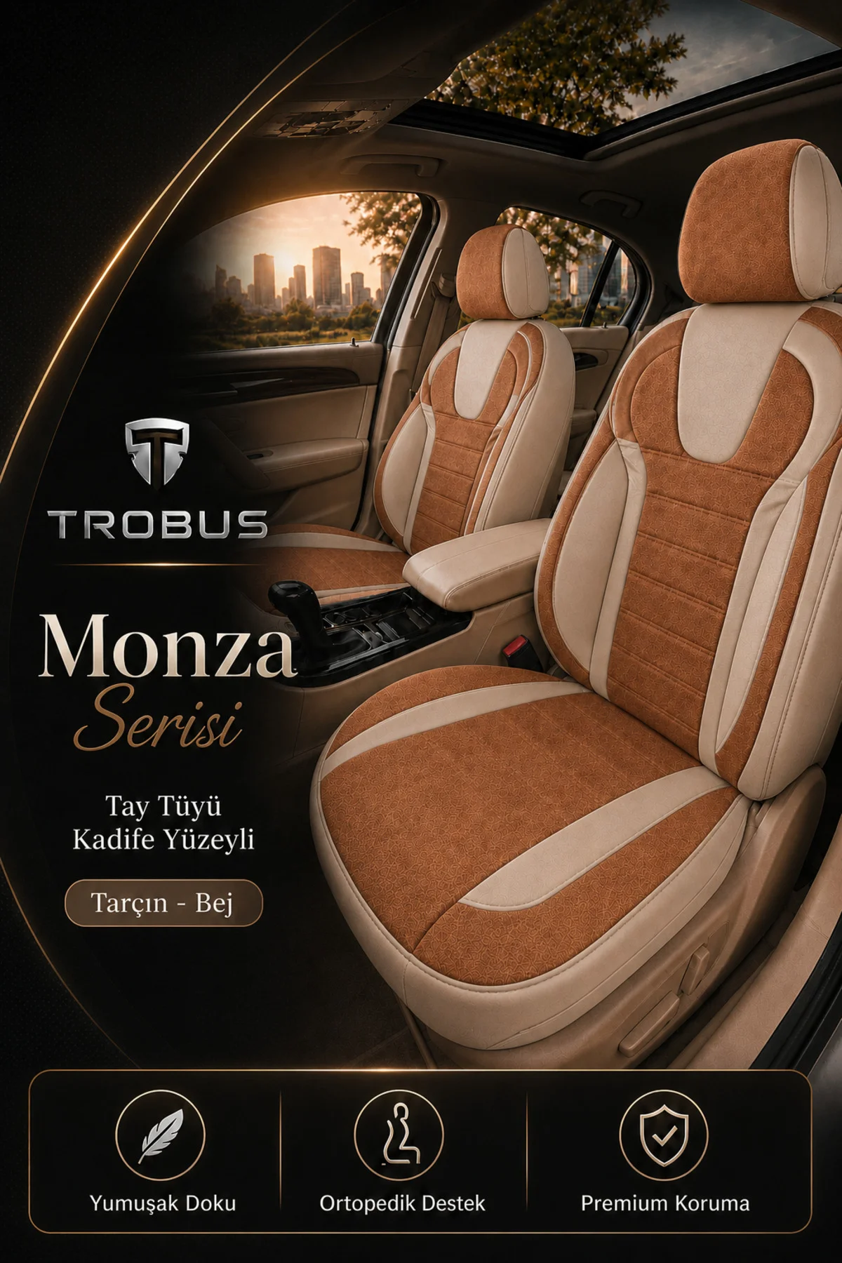 Ford Focus 2018+ Uyumlu Monza Serisi Sport Tay Tüyü Kadife Tarçın Bej Koltuk Kılıfı Fiyatı, Yorumları ve Özellikleri