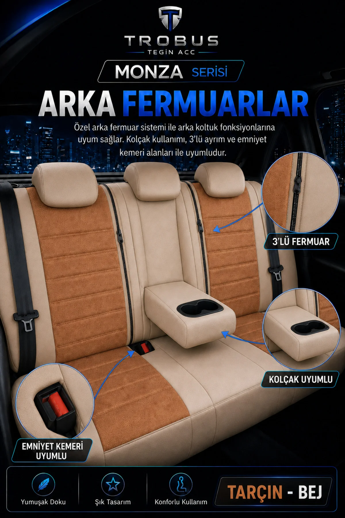 Ford Focus 2018+ Uyumlu Monza Serisi Sport Tay Tüyü Kadife Tarçın Bej Koltuk Kılıfı Fiyatı, Yorumları ve Özellikleri